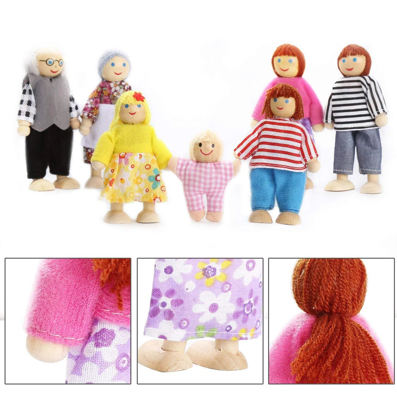 Wooden Dolls Playset Set of 7 People with Dog Y976