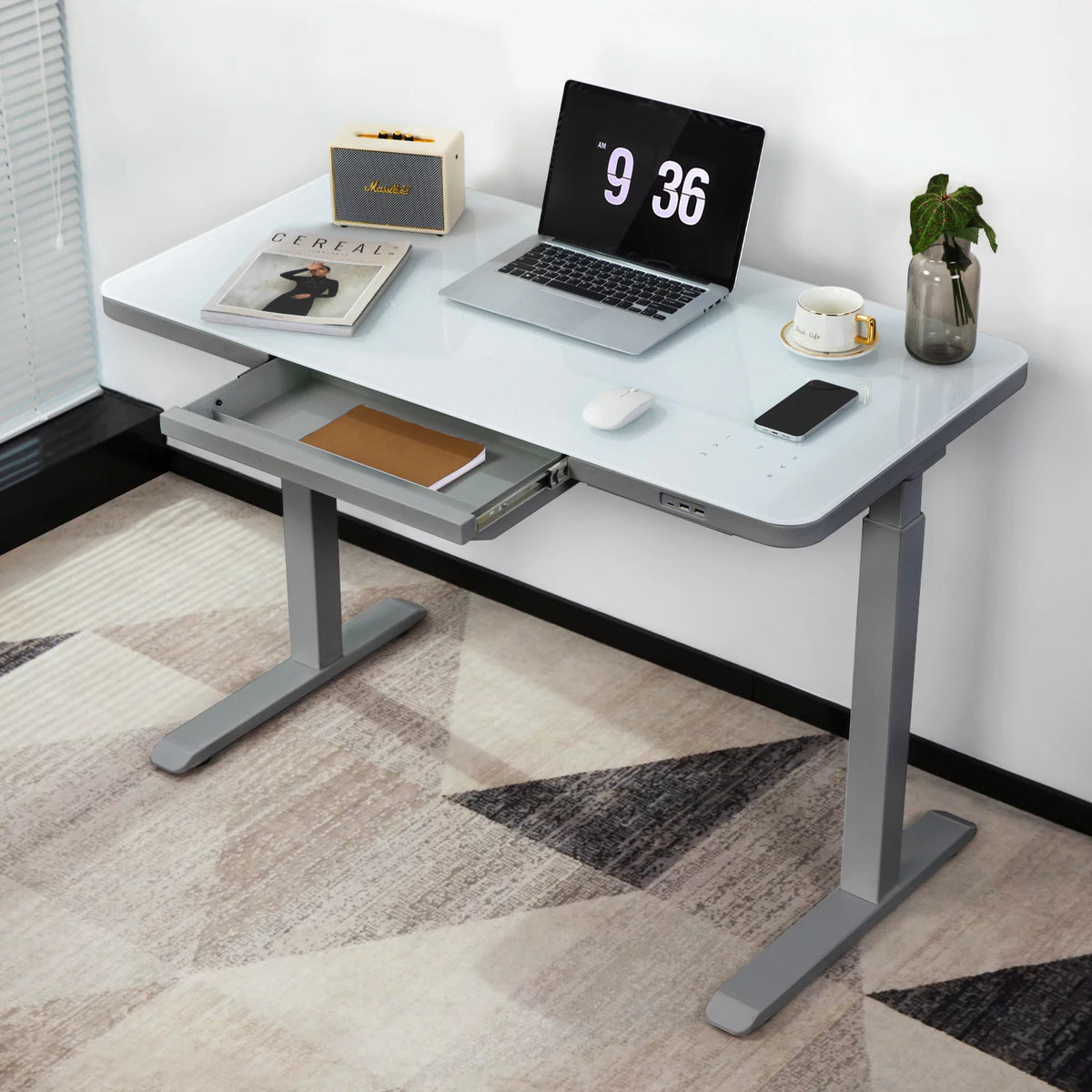 Gray Dual Motor Height Adjustable Desk with Drawer and Tempered Glass Top S907