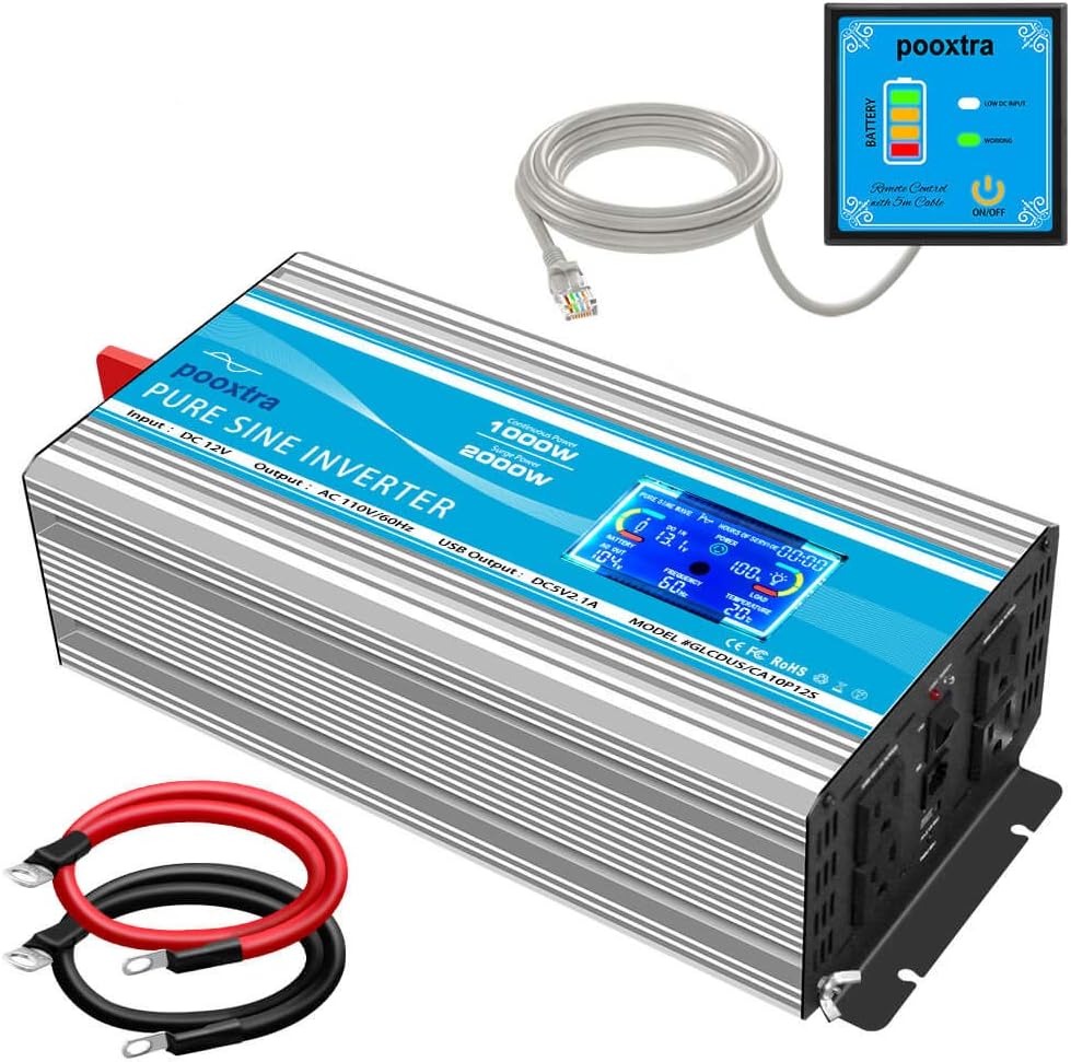 2000 Watt Pure Sine Wave Power Inverter 12V DC to 110V AC with LCD Display USB Port 4 AC Outlets U931