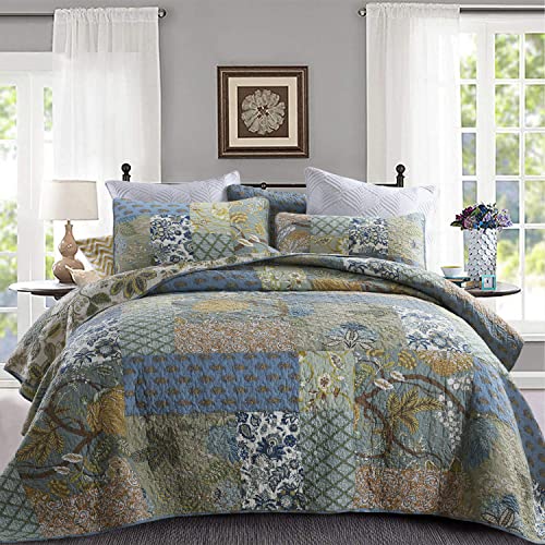 Azure Blue 100% Cotton Queen Size 3-Piece Quilt Set Y201