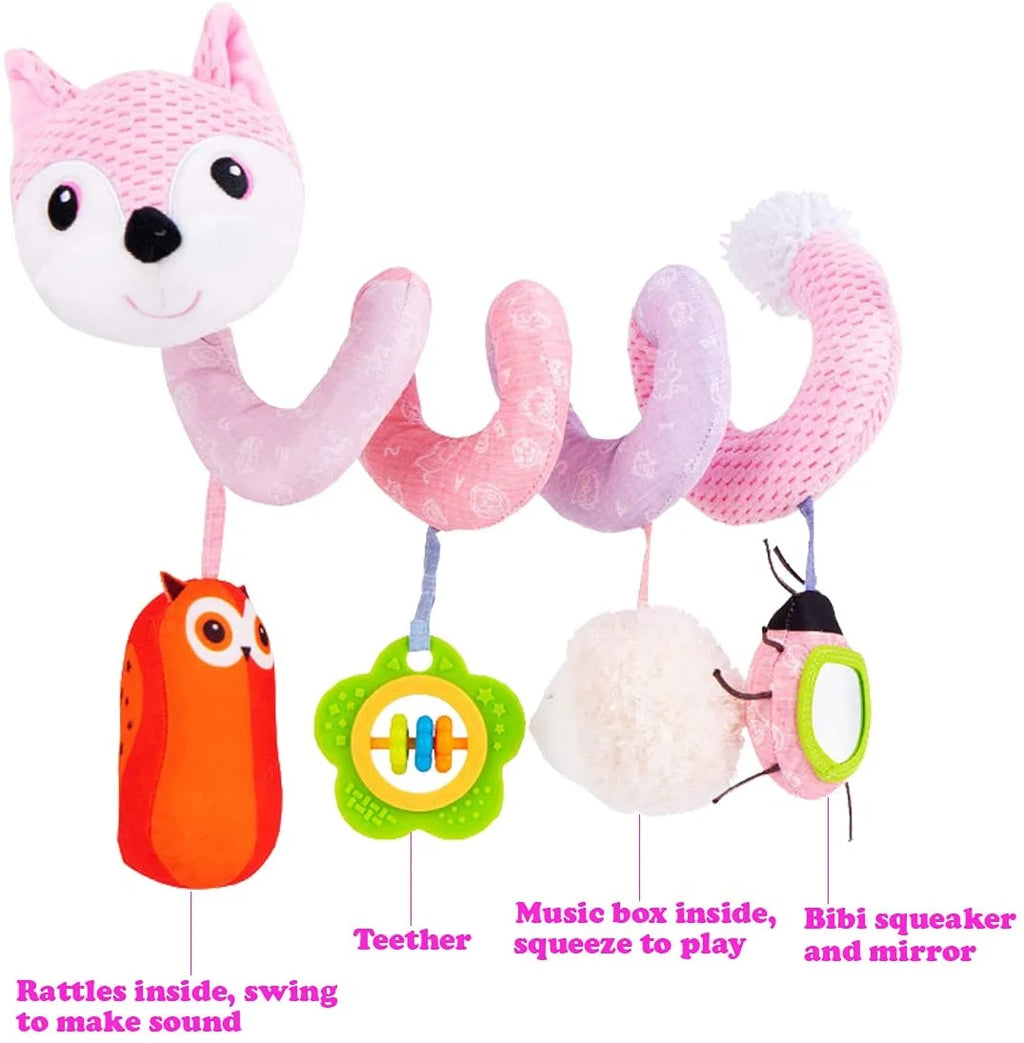 Pink Fox Plush Baby Car Seat Toys with Musical Sheep Rattles Owl Ladybird Distorting Mirror F43770