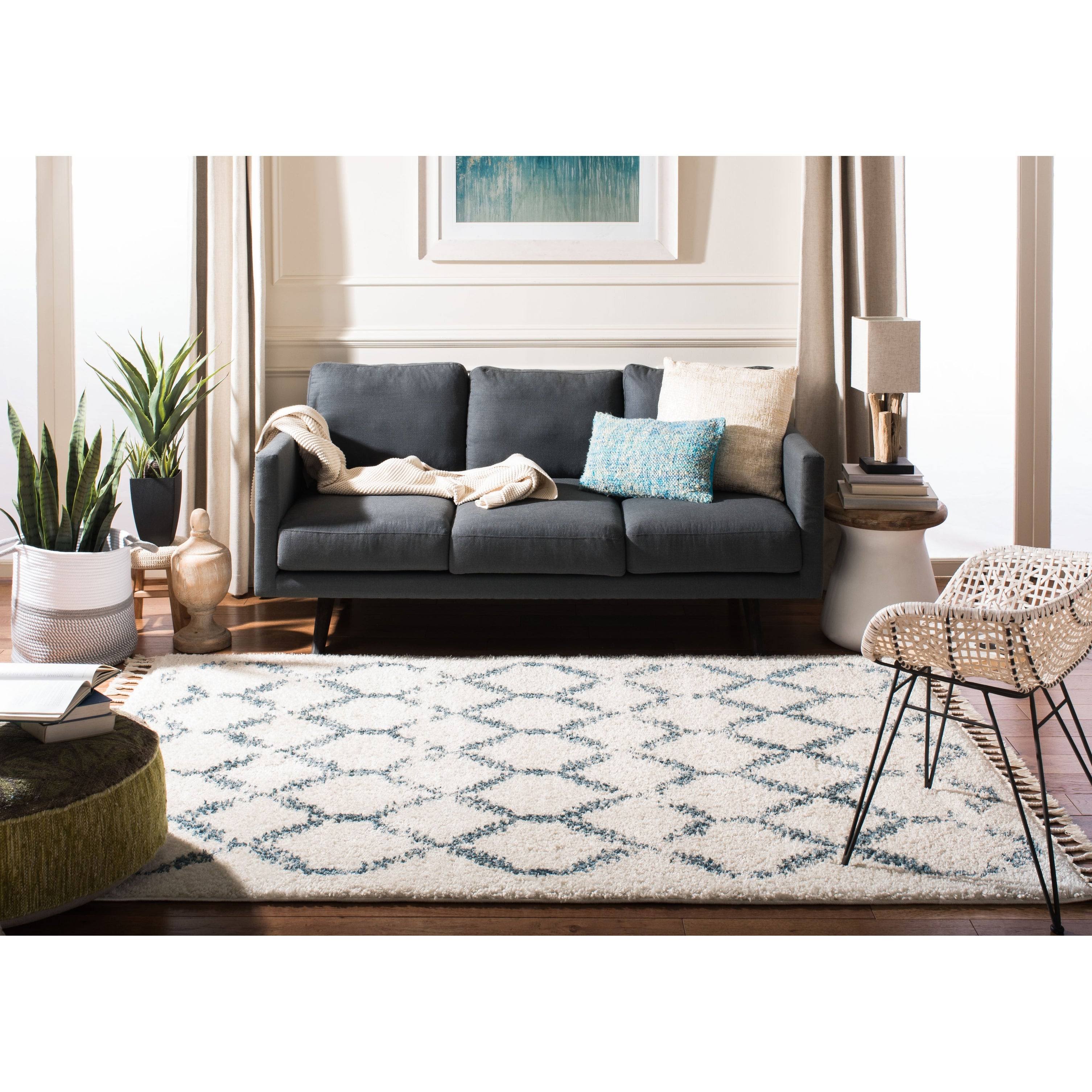 Cream / Blue Shag Rug J402