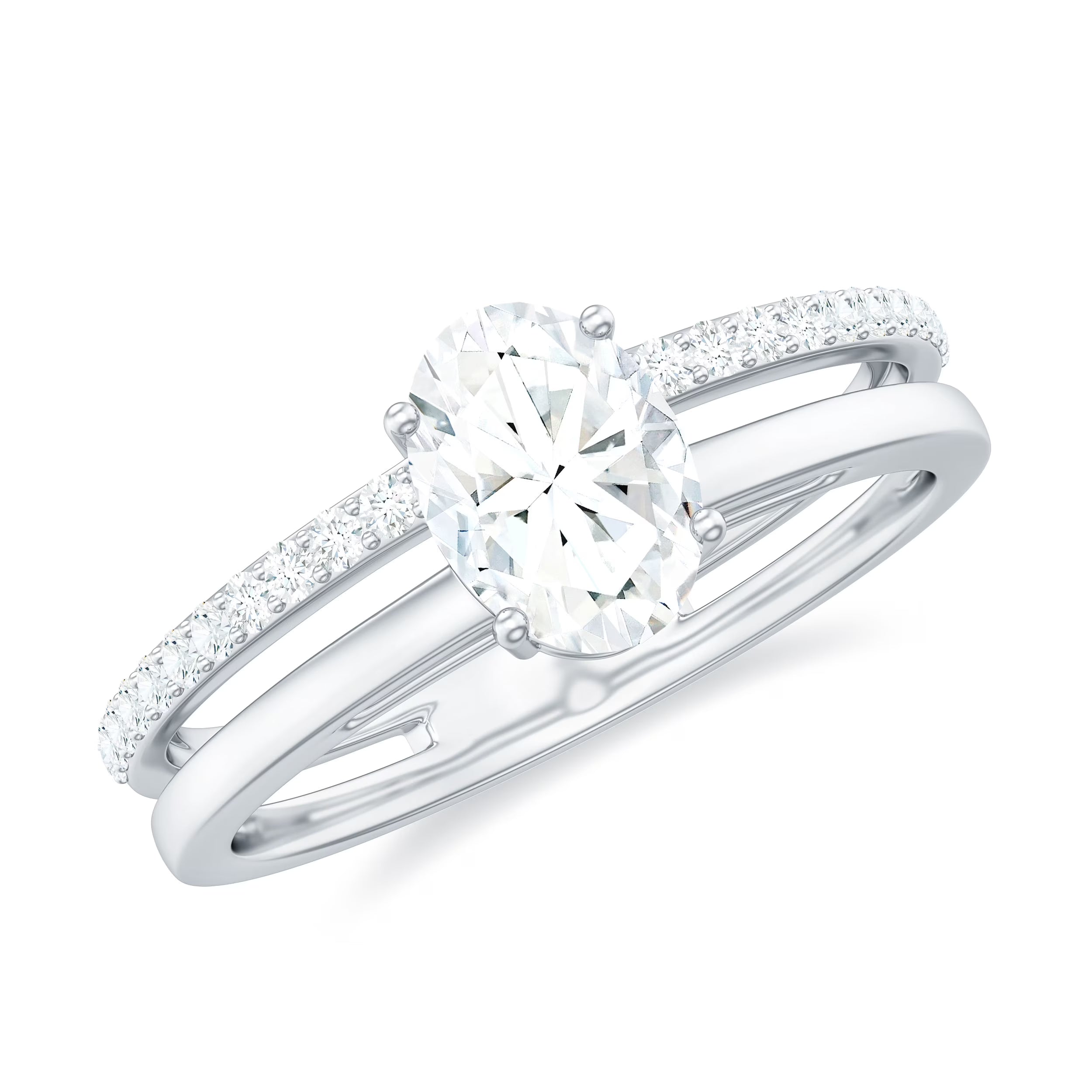Oval Cut Moissanite Solitaire Double Band Ring, 925 Sterling Silver U65153