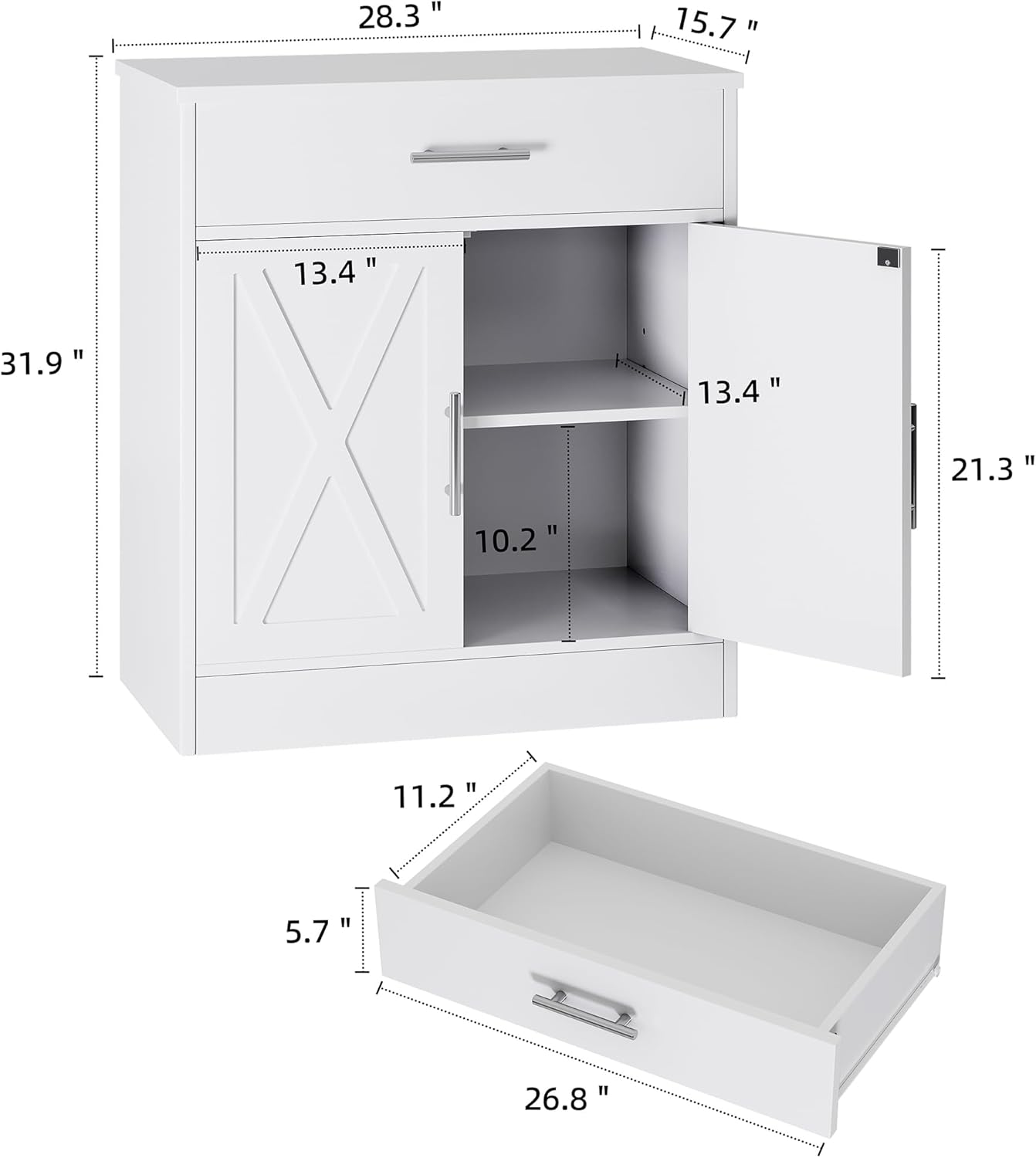 Ivory White Wood Sideboard Buffet Cabinet with 2 Doors K938