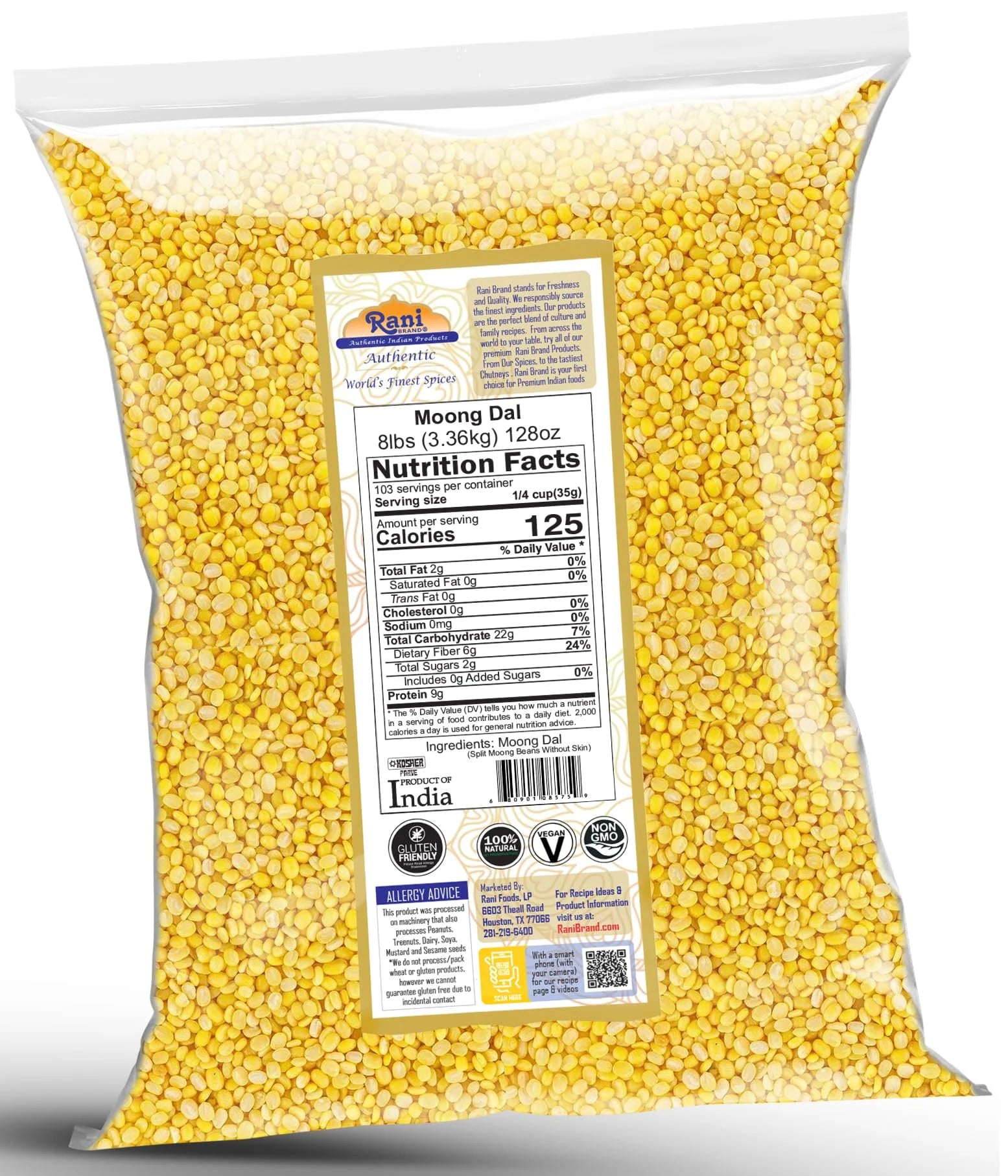 Moong Dal Split Mung Beans Without Skin Lentils 128oz 8lbs 3.63kg Bulk Y496564