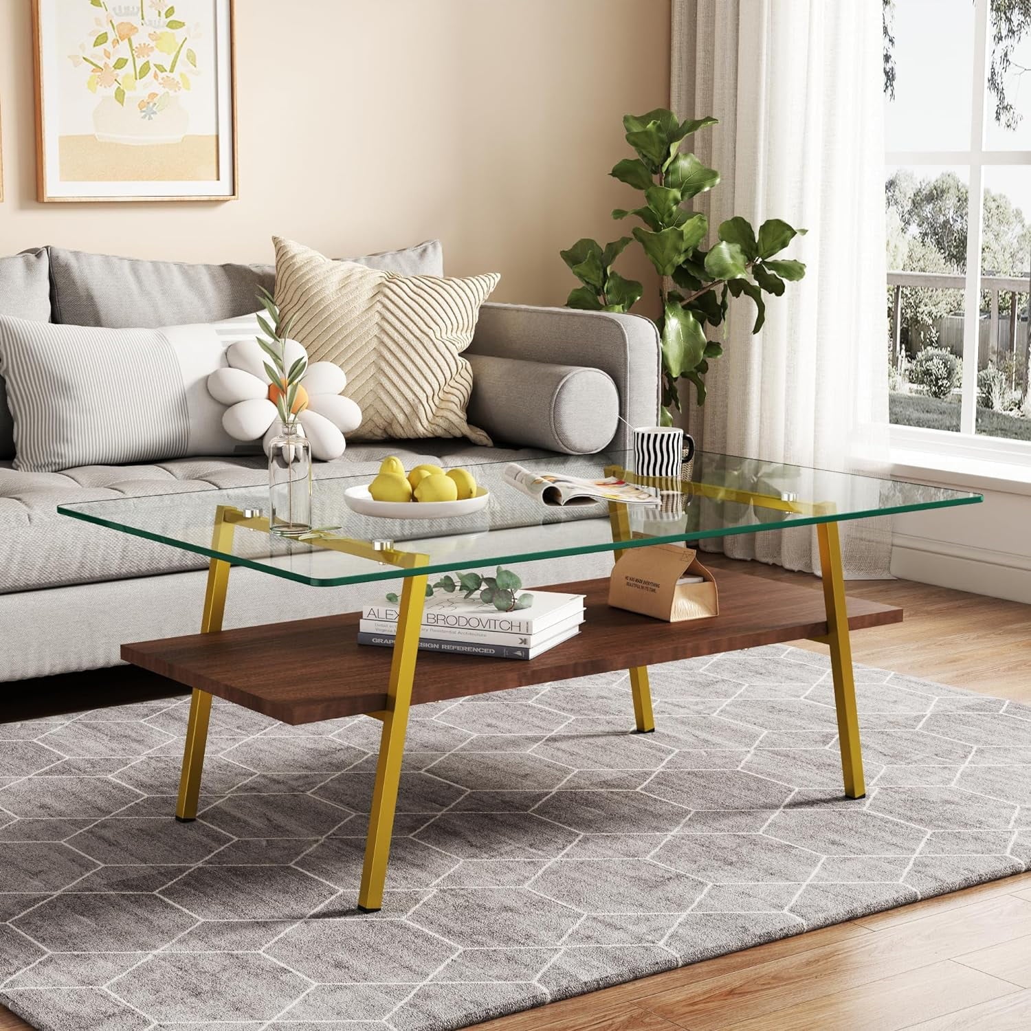 Black Frame Transparent Glass Brown Wood Coffee Table U416718