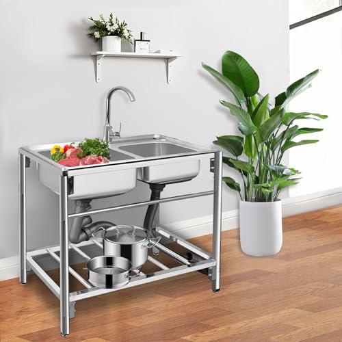 Stainless Steel Double Bowl Free Standing Utility Sink 31.5" x 16.9" x 29.5" H90143