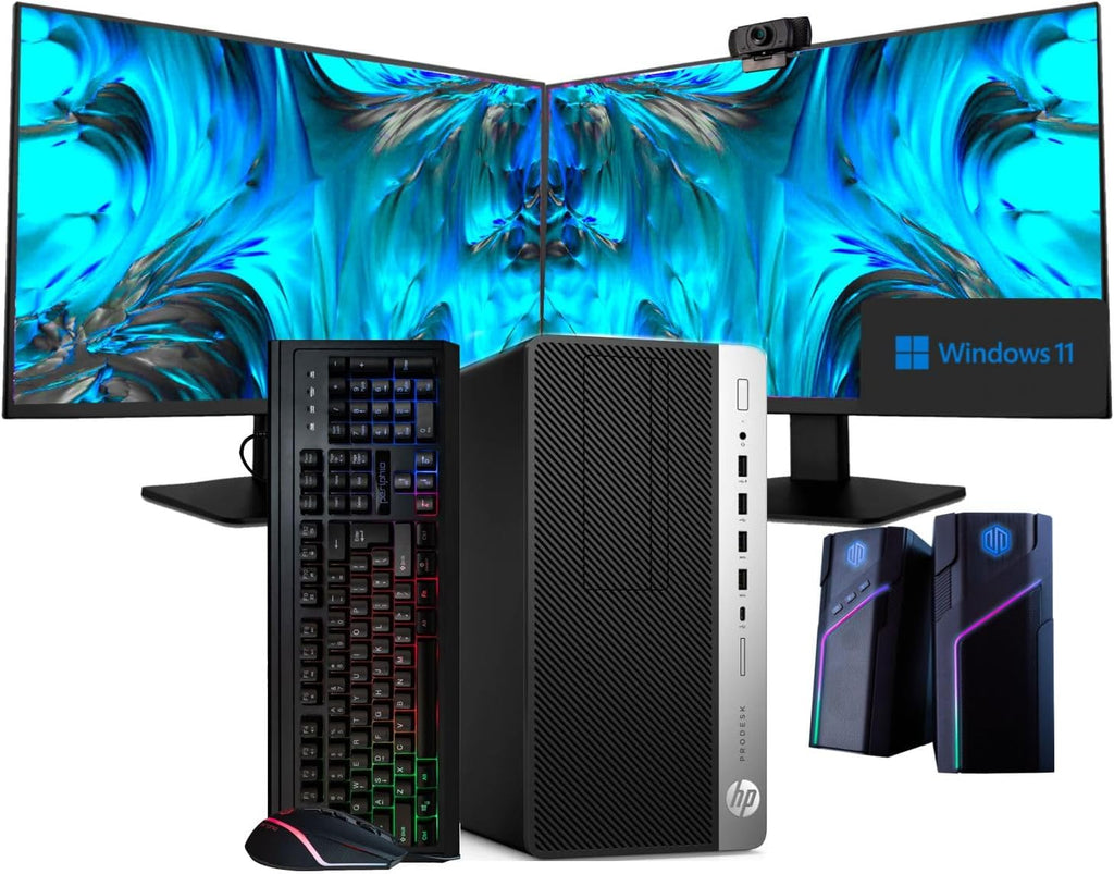 Workstation PC Desktop with Intel i7-8700, 32GB DDR4 RAM, 1TB SSD + 4TB HDD, Dual 22in LCD Monitors Q729