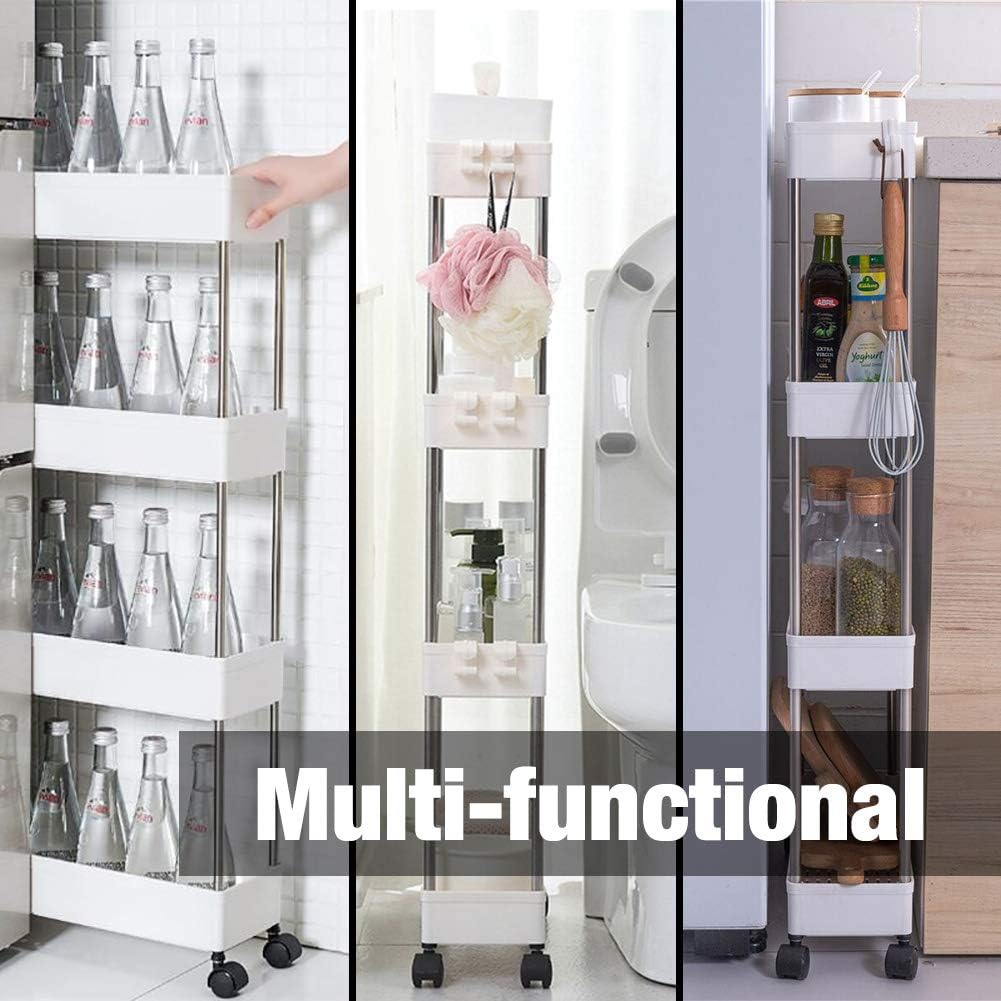 4 Tier Narrow Sliding Storage Organizer Rack Rolling Cart (White) S571699