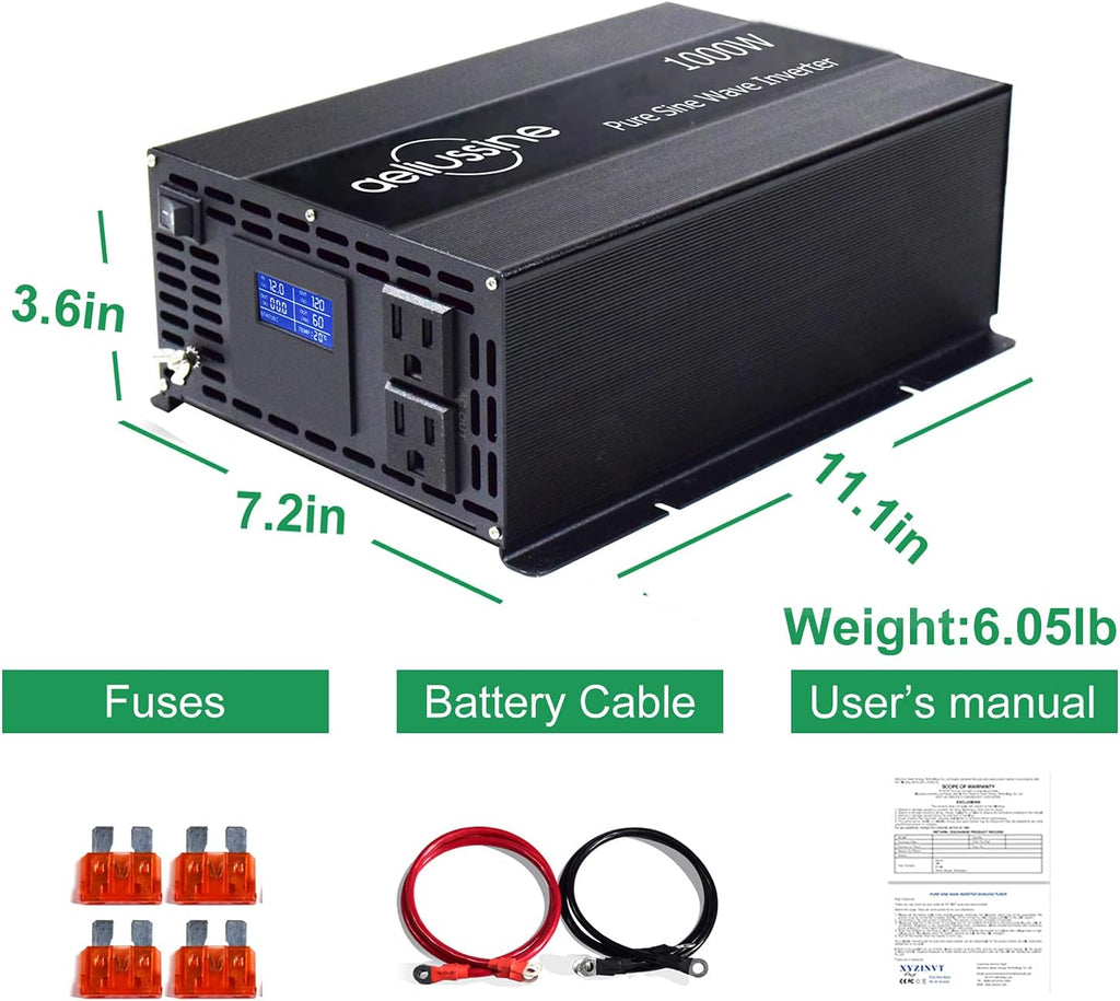 1000 Watt Pure Sine Wave Power Inverter 24V DC to AC 110V 120V with 2 US Socket LCD Display L54044