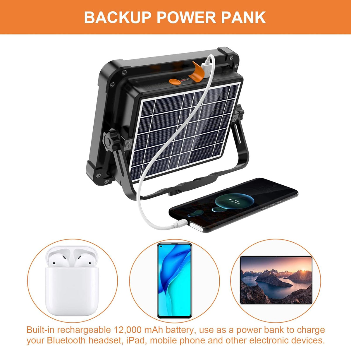 Rechargeable LED Work Light with Solar Panel, 336 LEDs, 12000mAh Y4081