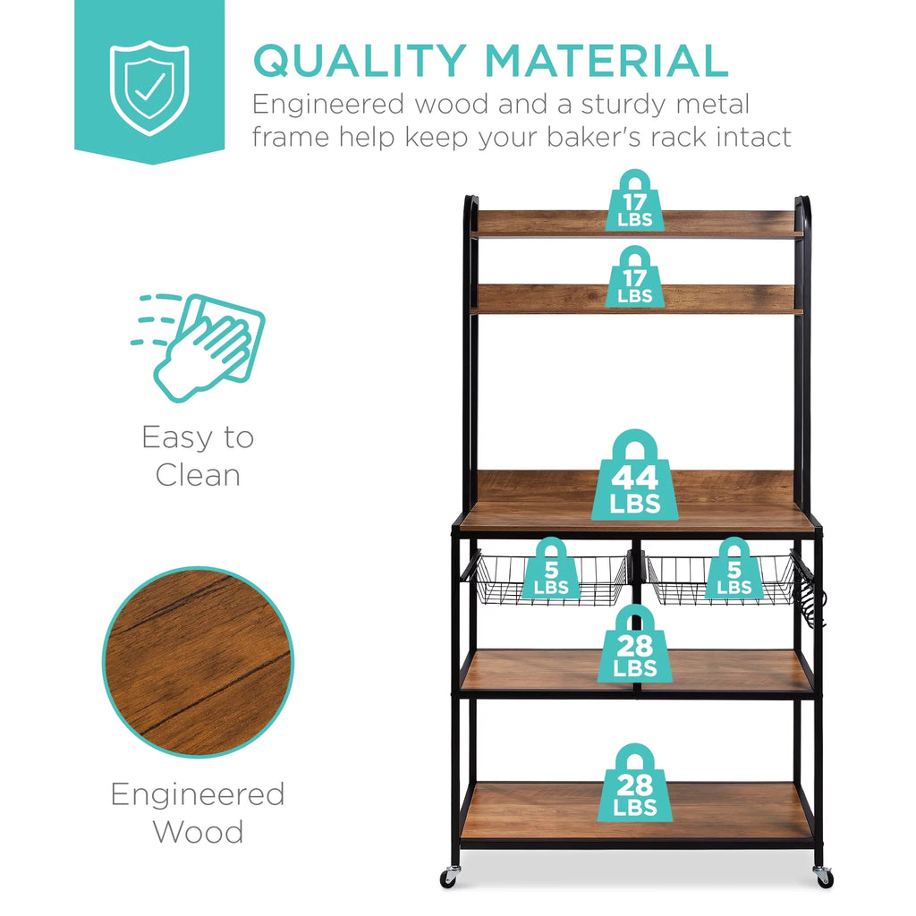 Brown Black Counter-Height Baker's Rack with Locking Wheels I453258