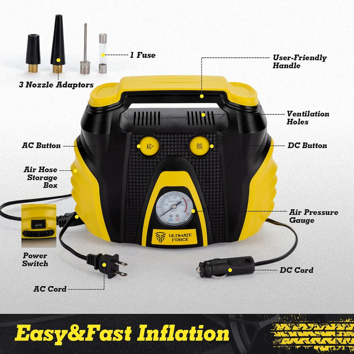 Portable Tire Inflator 12 V Air Compressor Pump with Dual Power, 3 Air Nozzle and Carrying Case, Yellow Q8136