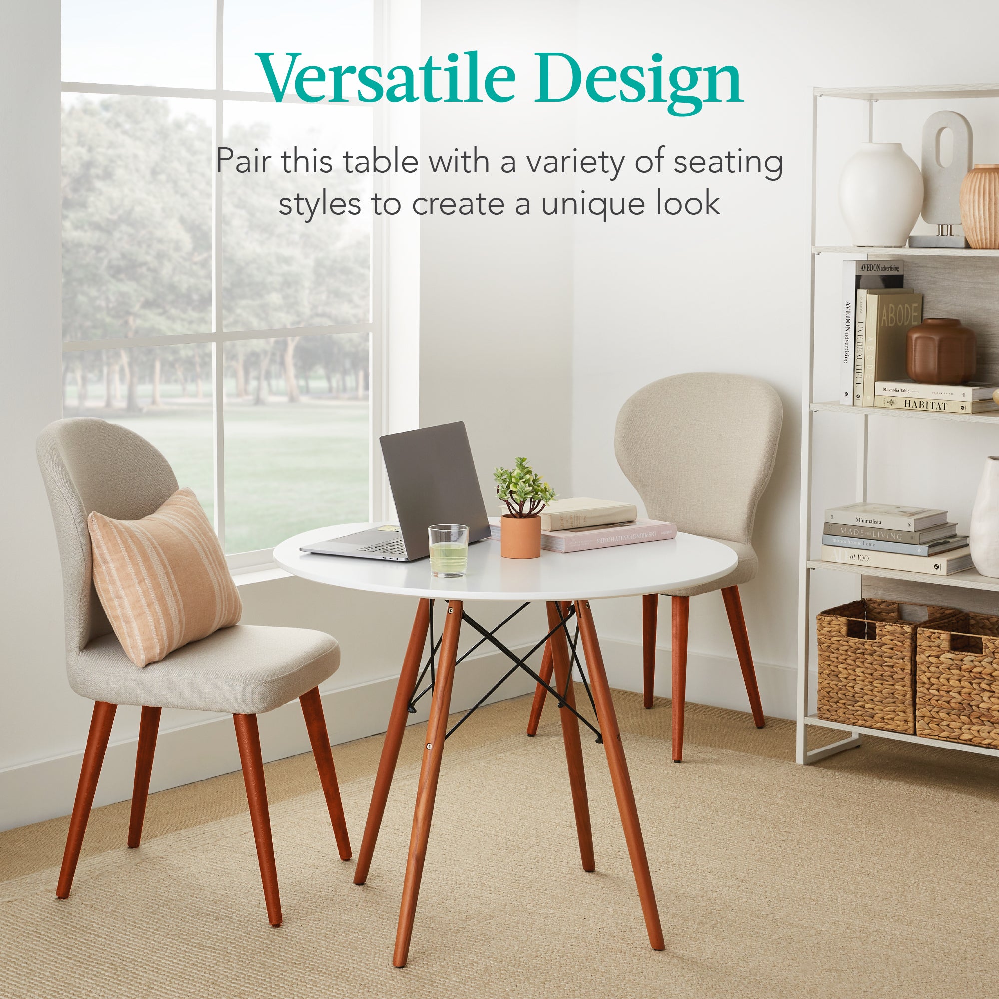 White Round Mid-Century Modern Dining Table with Metal Frame P37310