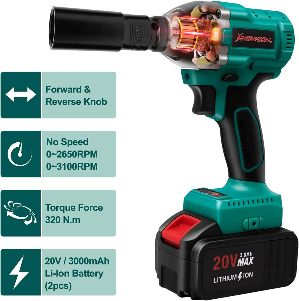 Cordless Impact Wrench, 1/2 Chuck, 3100RPM, 320 ft-lbs, 20V 2x3.0AH Battery Y1538