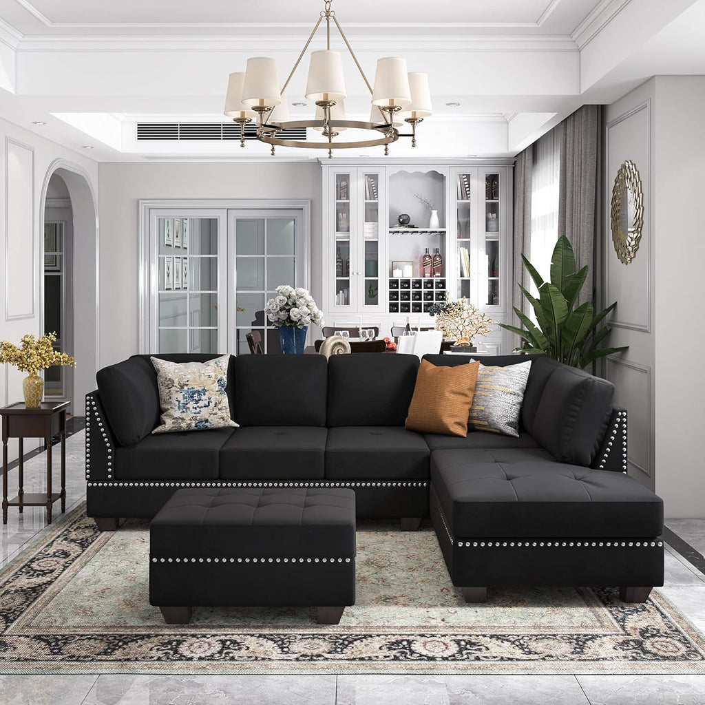 Reversible Sectional Sofa with Storage and Chaise Lounge Couch, Wooden Frame L-Shaped Corner Sofa Set with Ottoman, Black G965