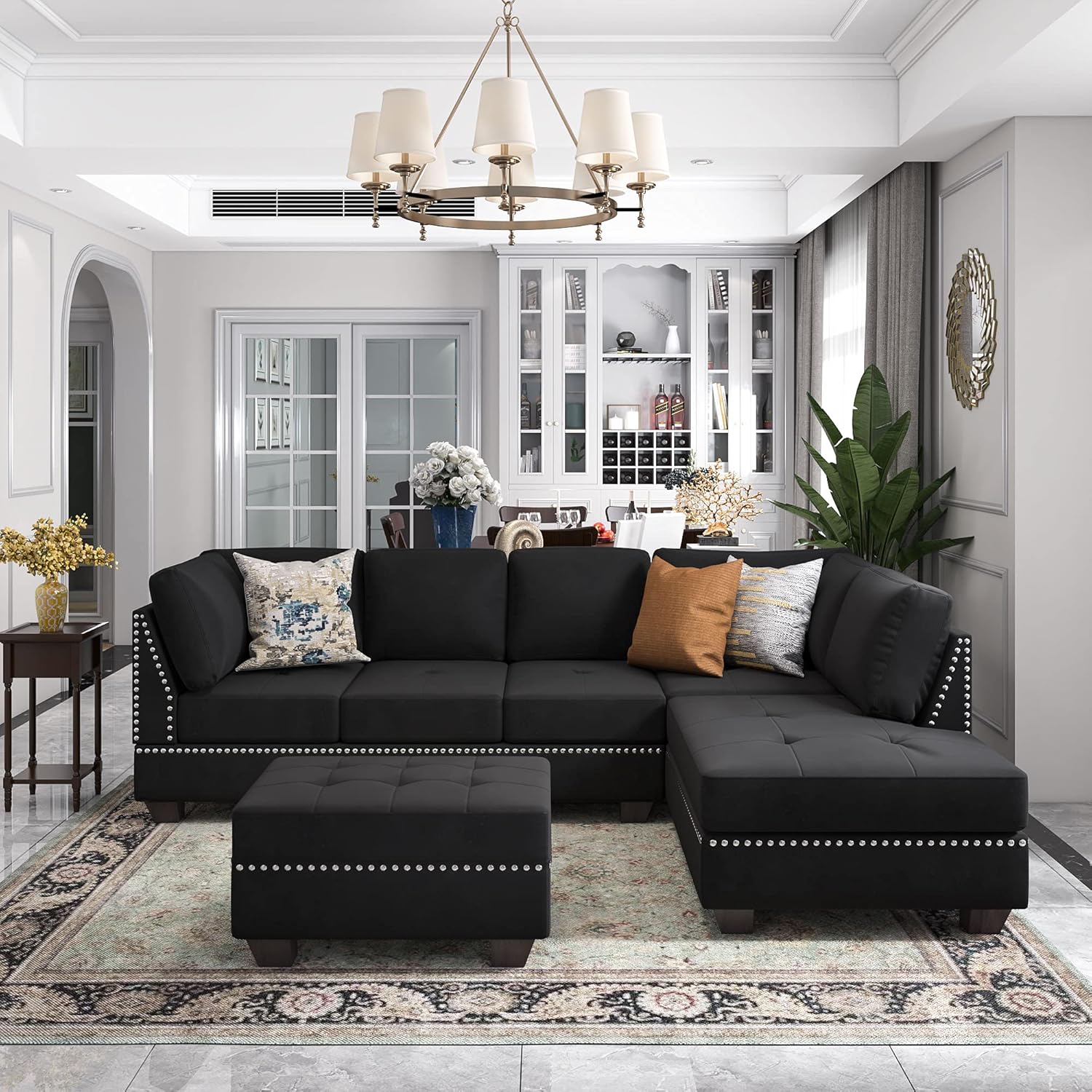 Reversible Sectional Sofa with Storage and Chaise Lounge Couch, Wooden Frame L-Shaped Corner Sofa Set with Ottoman, Black G965