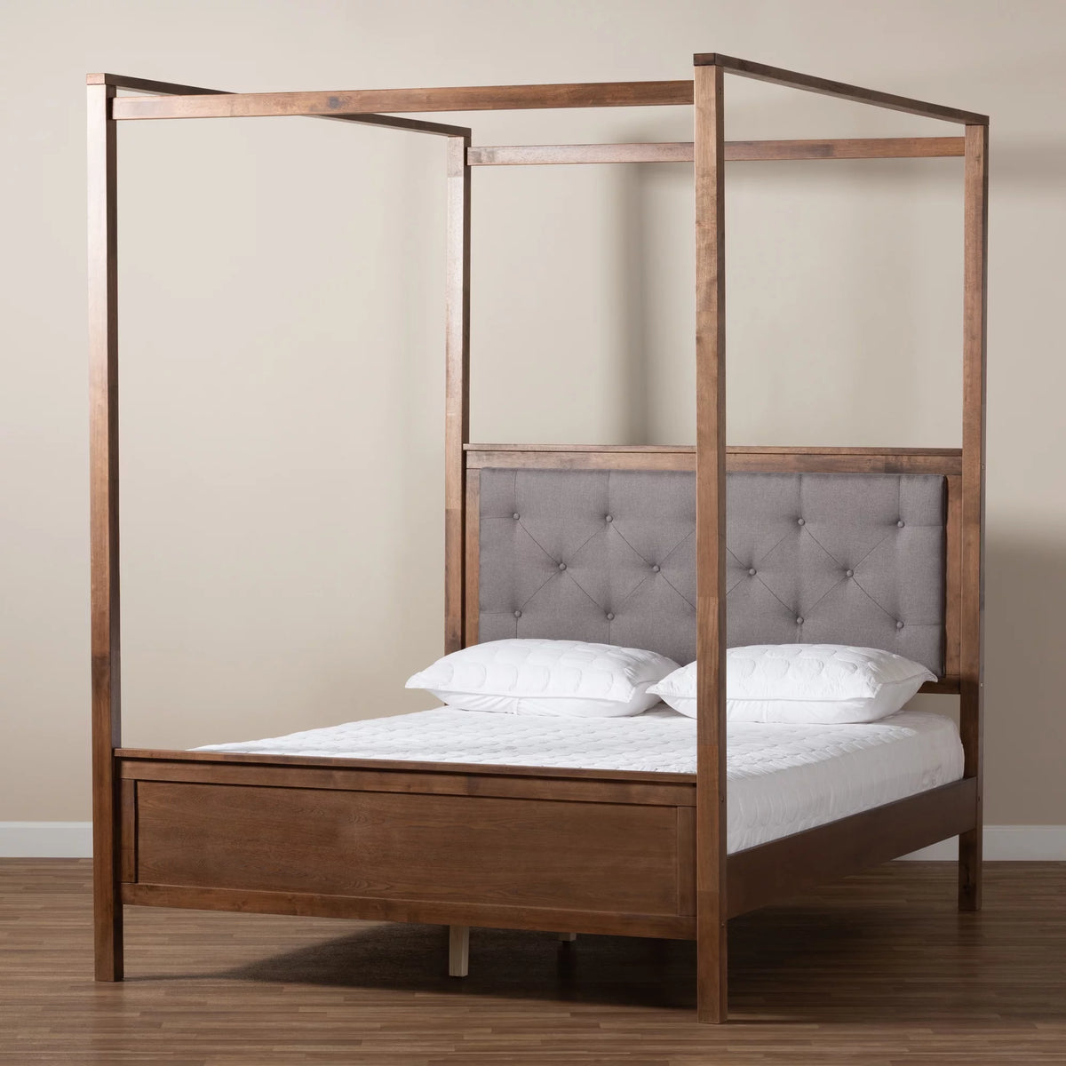 Queen Size Grey Fabric Upholstered Wood Platform Canopy Bed X454