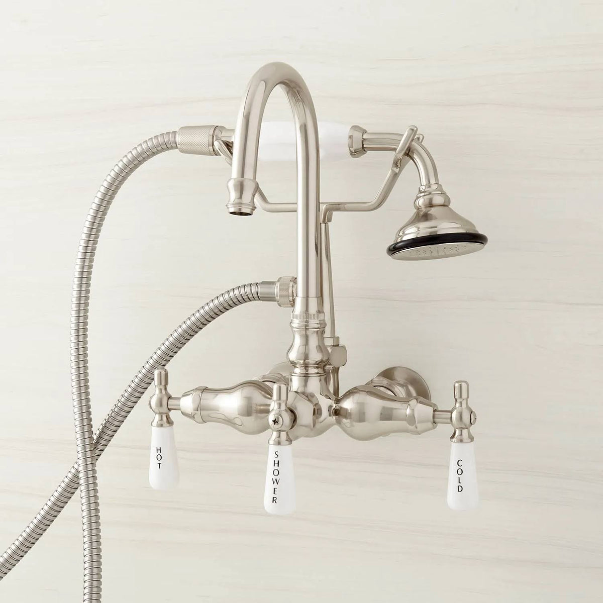 Polished Nickel Gooseneck Tub Faucet with Hand Shower and Wall Couplers K22375