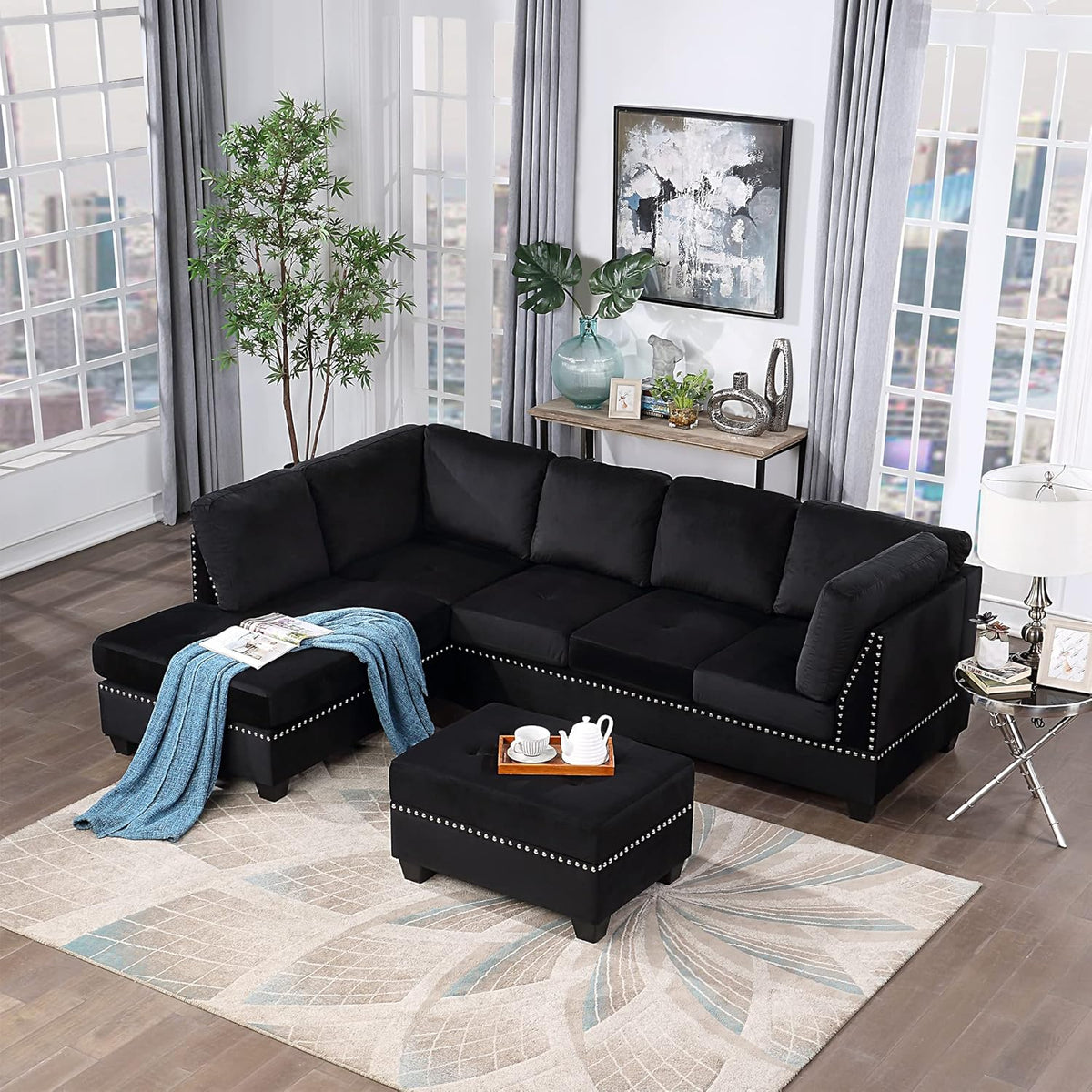Reversible Sectional Sofa with Storage and Chaise Lounge Couch, Wooden Frame L-Shaped Corner Sofa Set with Ottoman, Black G965