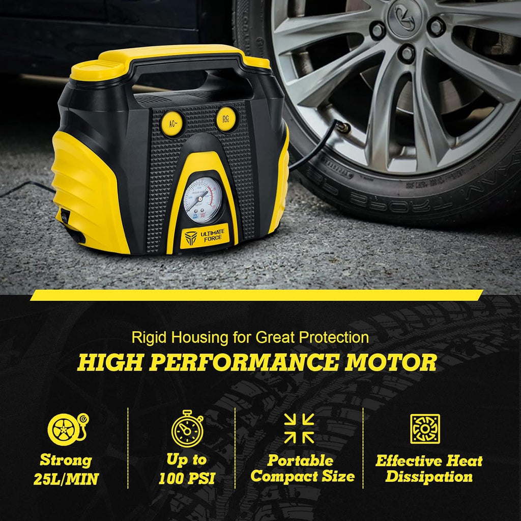 Portable Tire Inflator 12 V Air Compressor Pump with Dual Power, 3 Air Nozzle and Carrying Case, Yellow Q8136