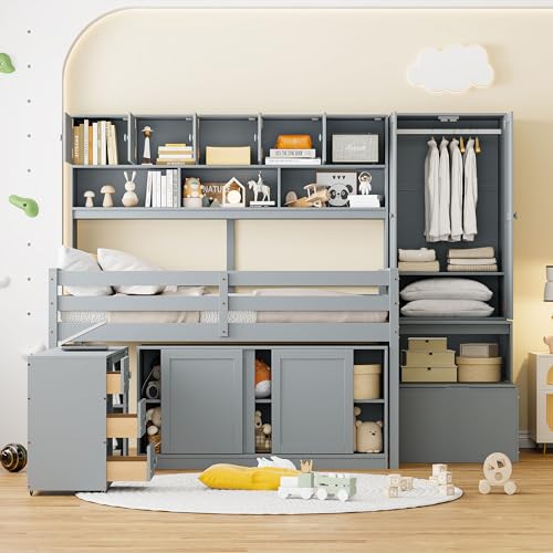 White Twin Size Solid Wood Loft Bed with Storage K825354