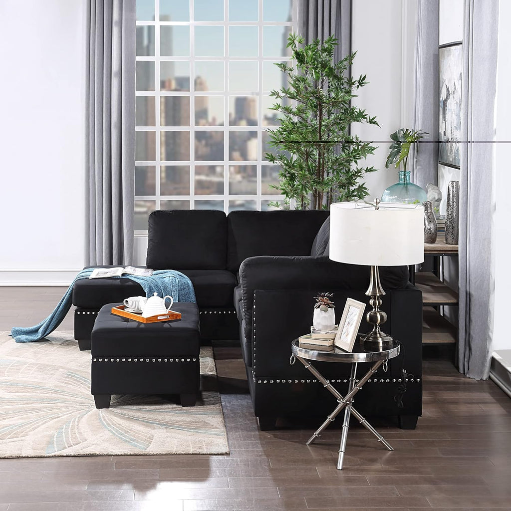 Reversible Sectional Sofa with Storage and Chaise Lounge Couch, Wooden Frame L-Shaped Corner Sofa Set with Ottoman, Black G965