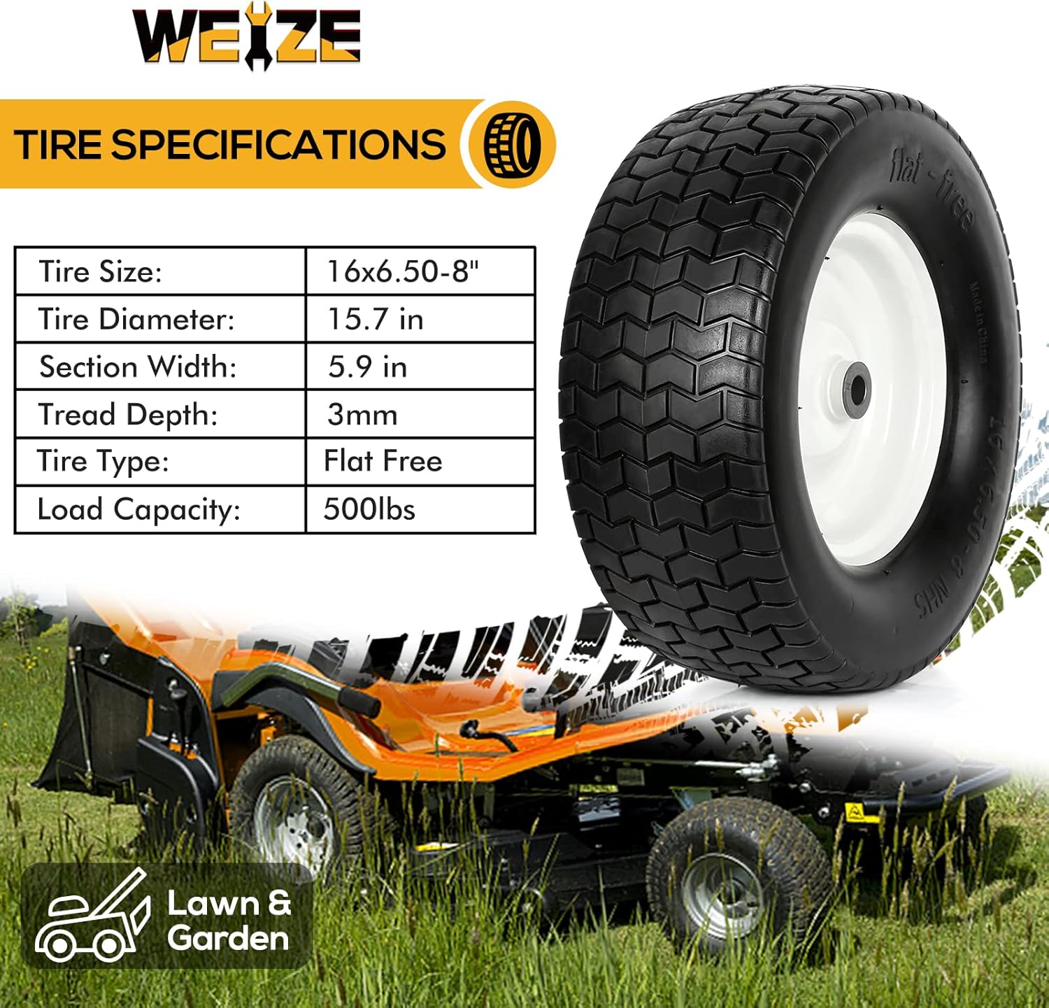 16x6.50-8 Flat Free Lawn Tires with Rim, Set of 2 R96496