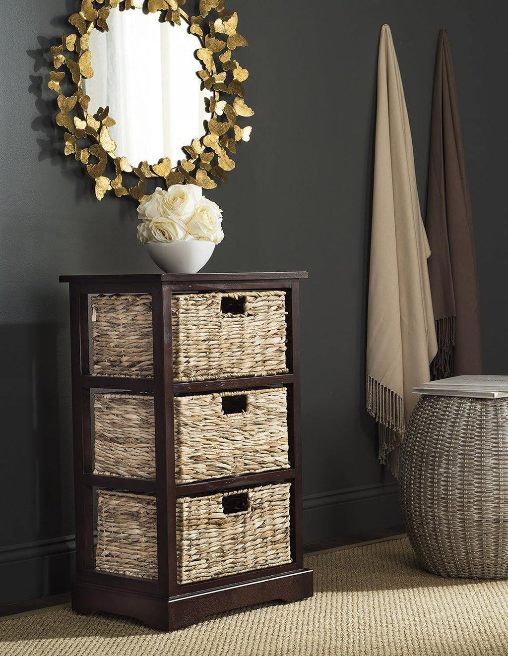 Distressed Black 3 Wicker Basket Storage Side Table Z78115
