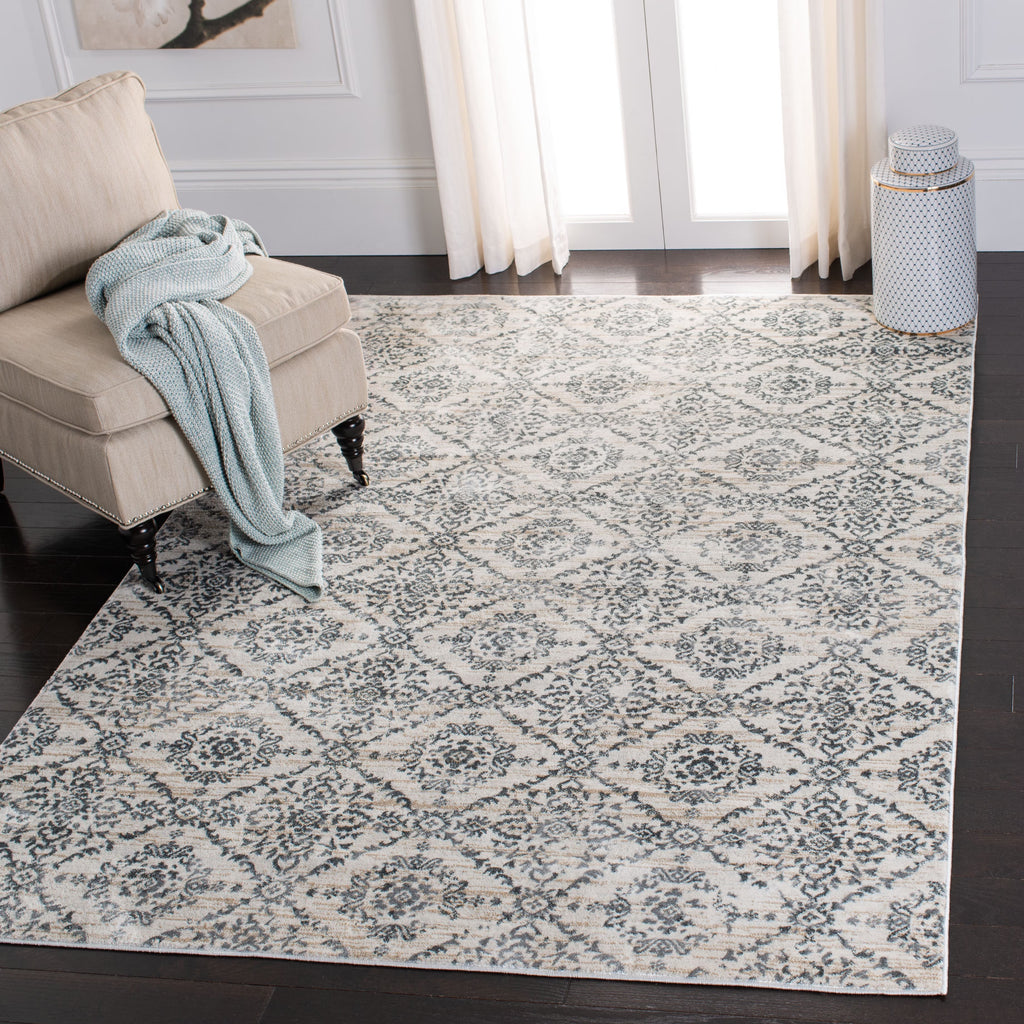 Geometric Floral Area Rug, Cream/Grey, 5'3" x 7'7" B7125