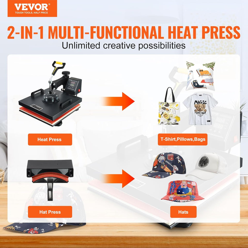 15x15 Heat Press Machine with Hat Press, 360° Swing Away Digital Tshirt Press Machine N393569