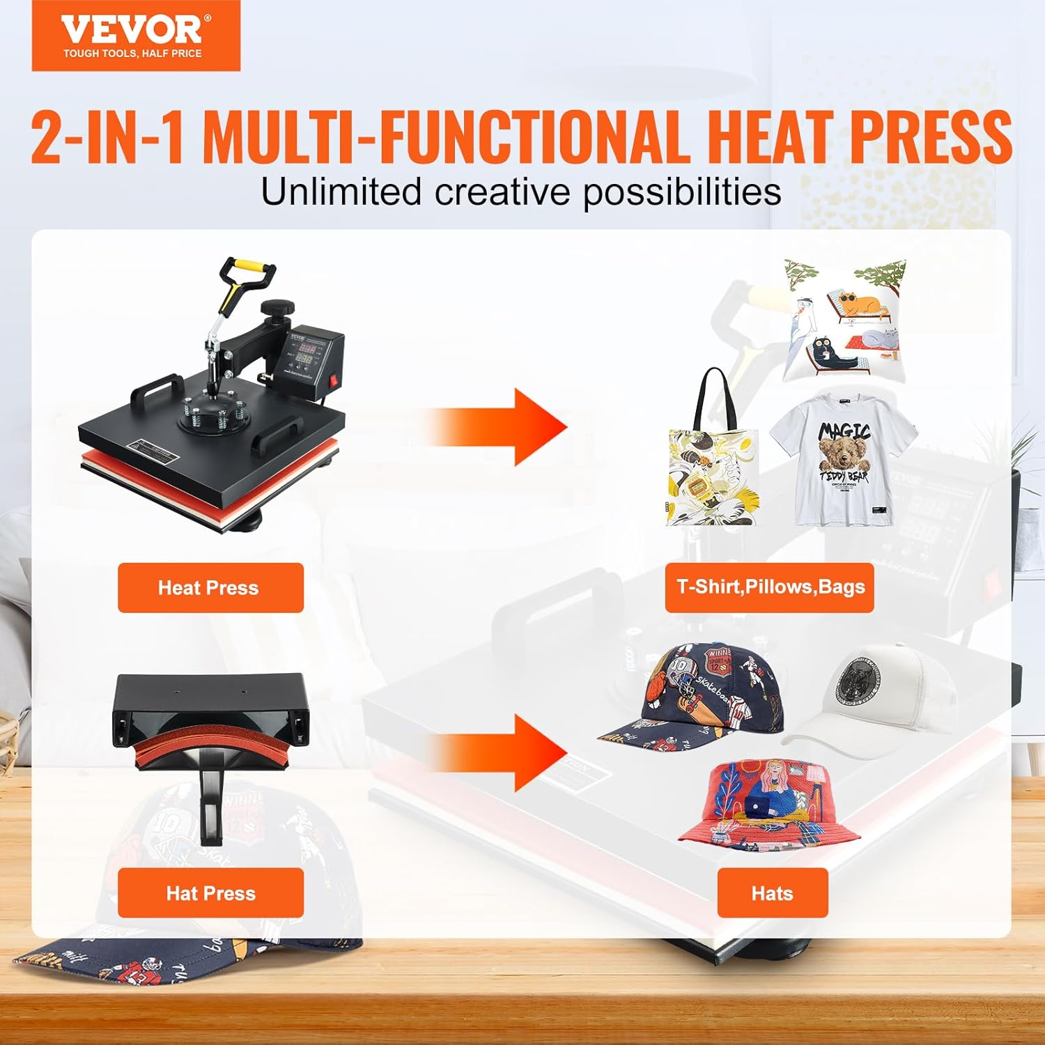 15x15 Heat Press Machine with Hat Press, 360° Swing Away Digital Tshirt Press Machine N393569