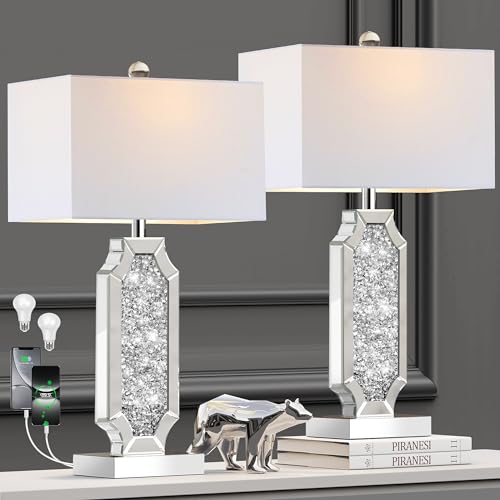 Set of 2 Dimmable Touch Silver Mirrored Bedside Table Lamps with USB Ports W8518
