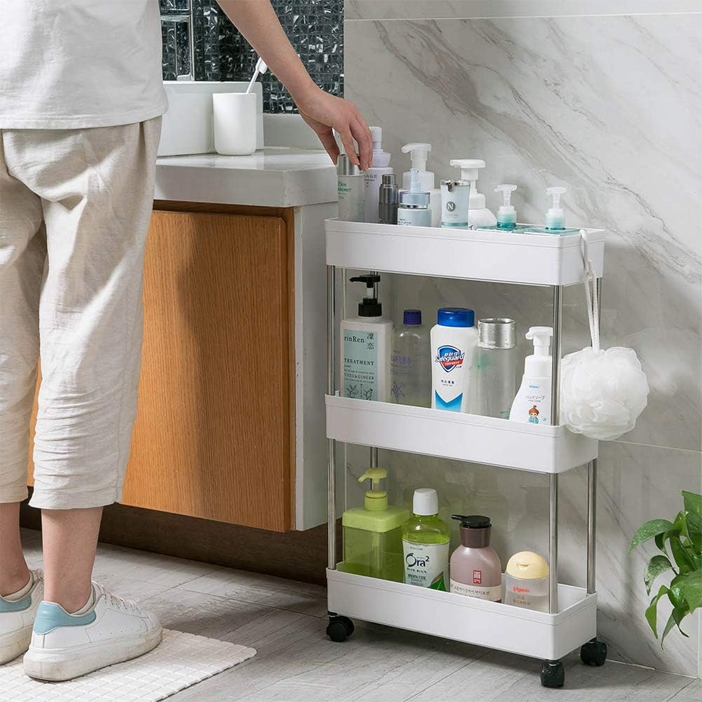 4 Tier Narrow Sliding Storage Organizer Rack Rolling Cart (White) S571699