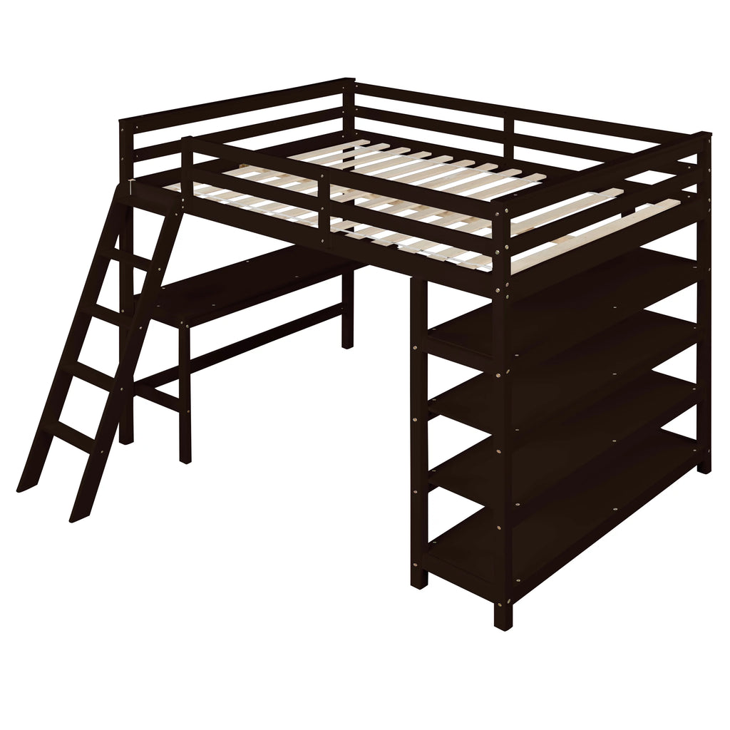 Full Size Wooden Loft Bed with Desk and Storage Shelves L42480