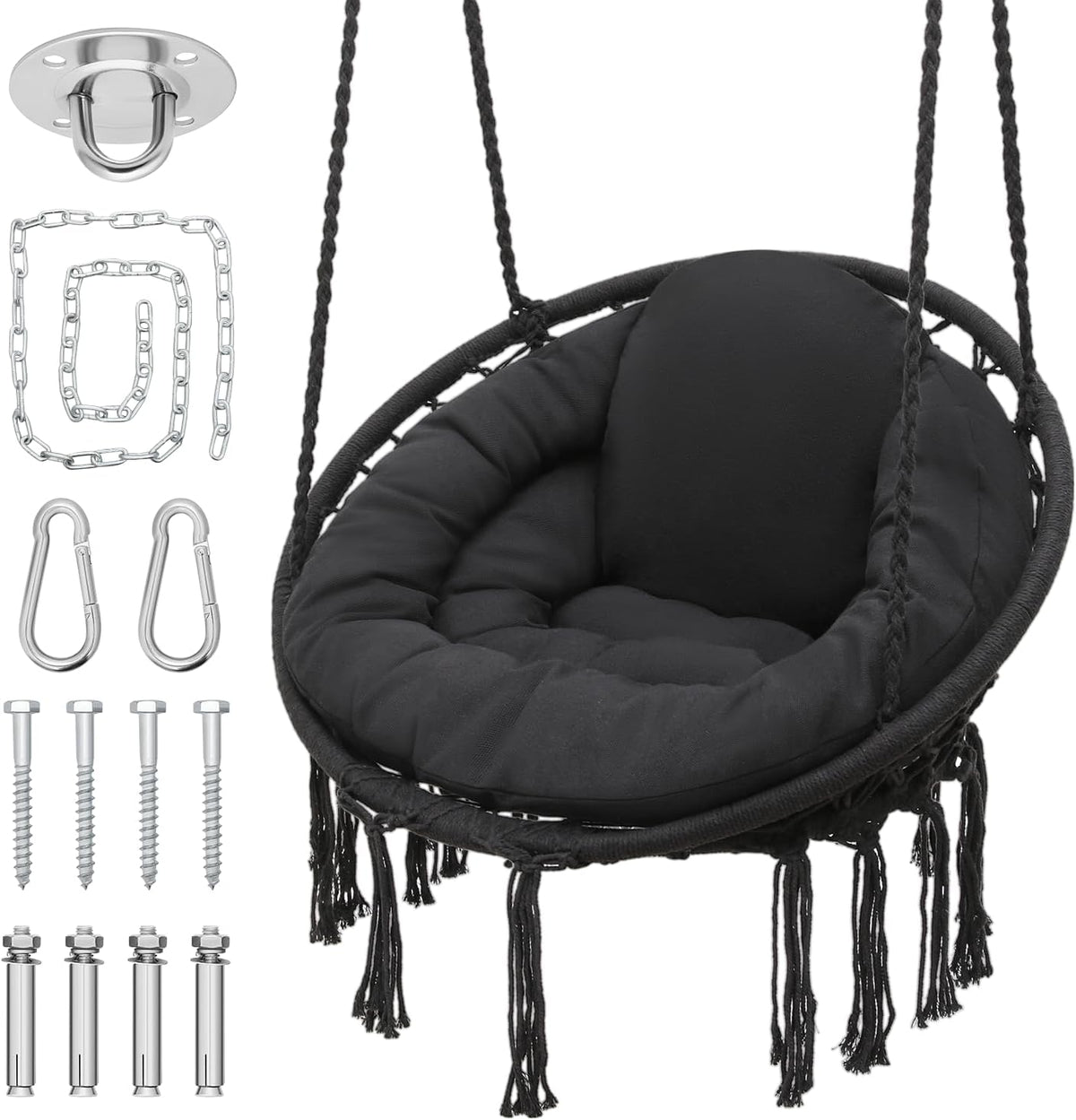 Black Hanging Hammock Chair with Large Padded Cushion, 350 Lbs Capacity X252