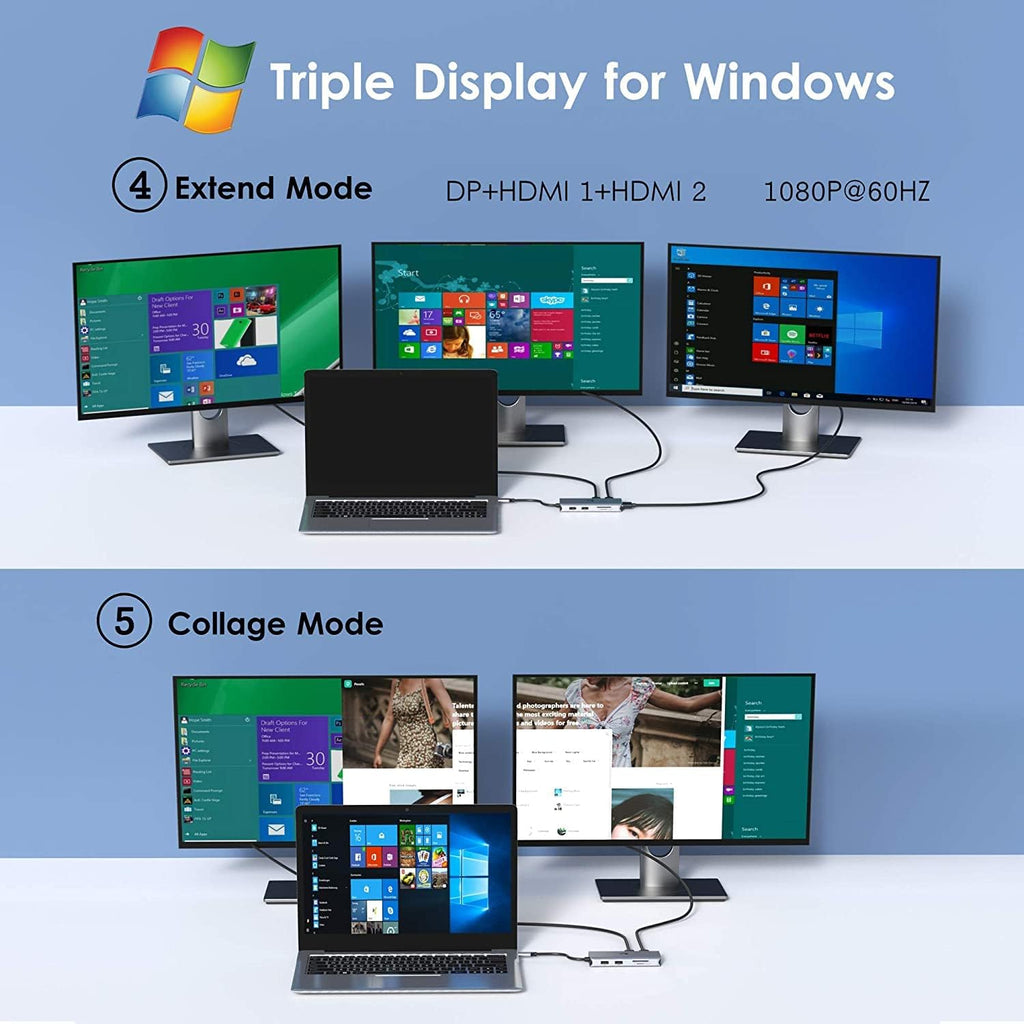 9-in-1 Triple Display USB C to Dual HDMI Adapter with DisplayPort, 87W PD, SD/TF Card Reader H836