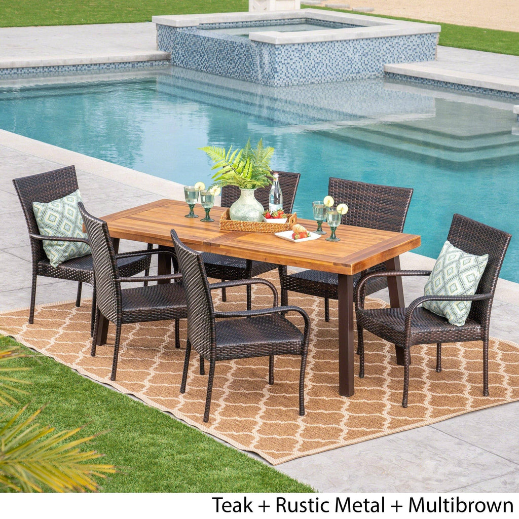 7 Piece Acacia Wood Wicker Dining Set I2948
