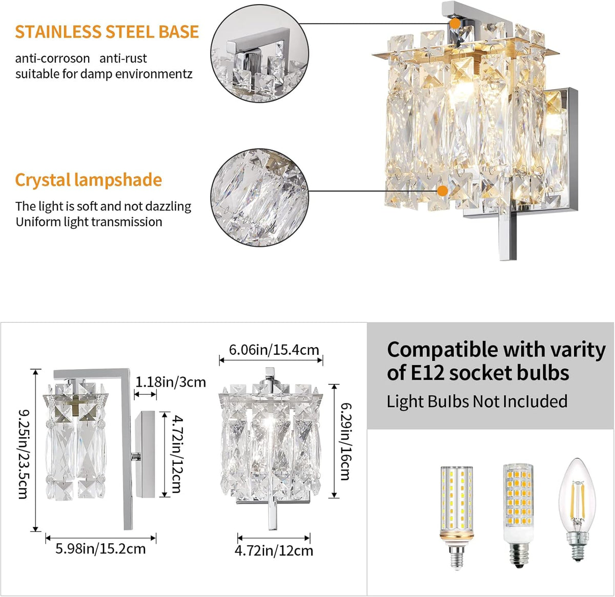 Crystal Wall Lamp, Chrome, E12 Base x2 M724163