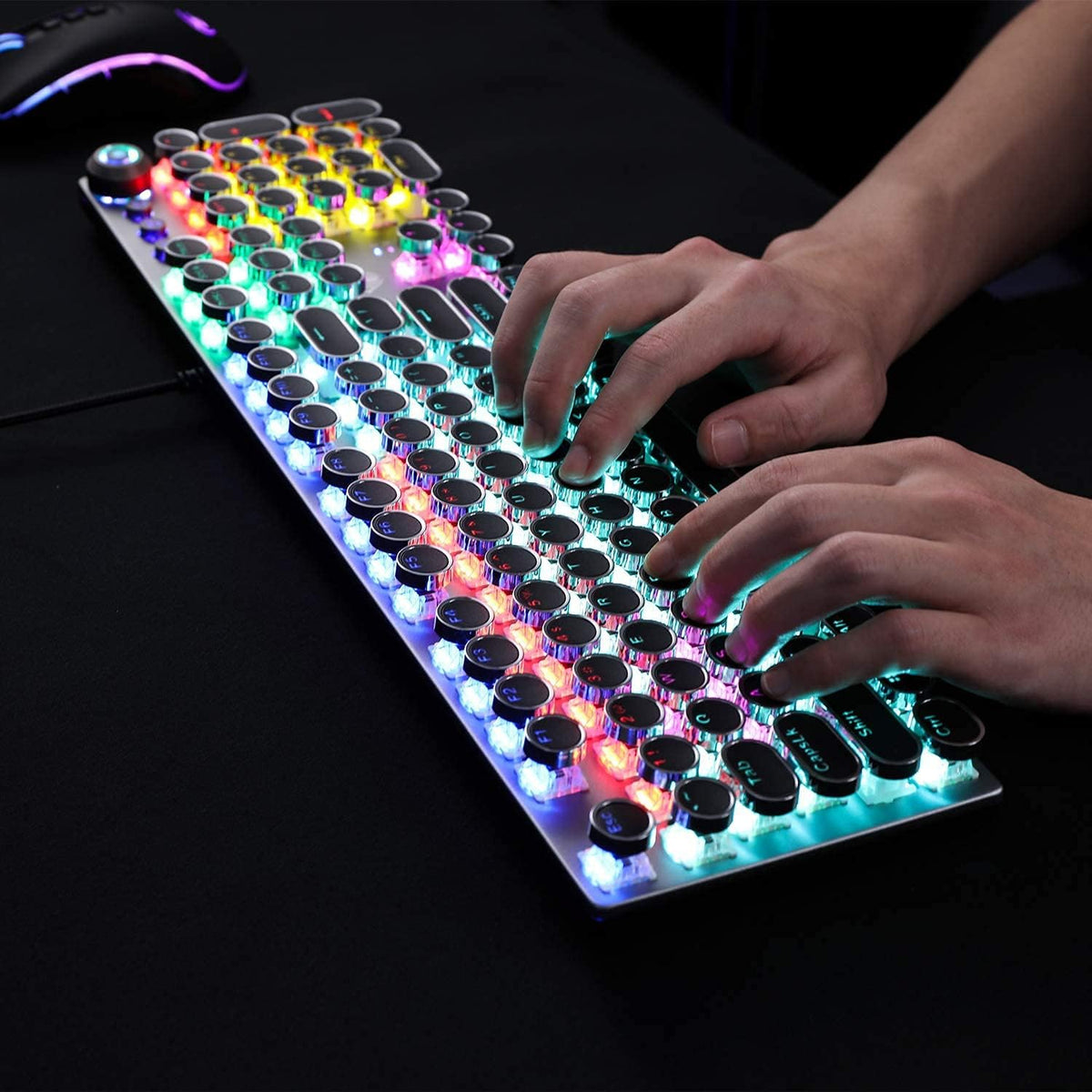 Retro Mechanical Gaming Keyboard, 104 Keys, RGB Rainbow Backlit, USB Wired, Blue Switch B634