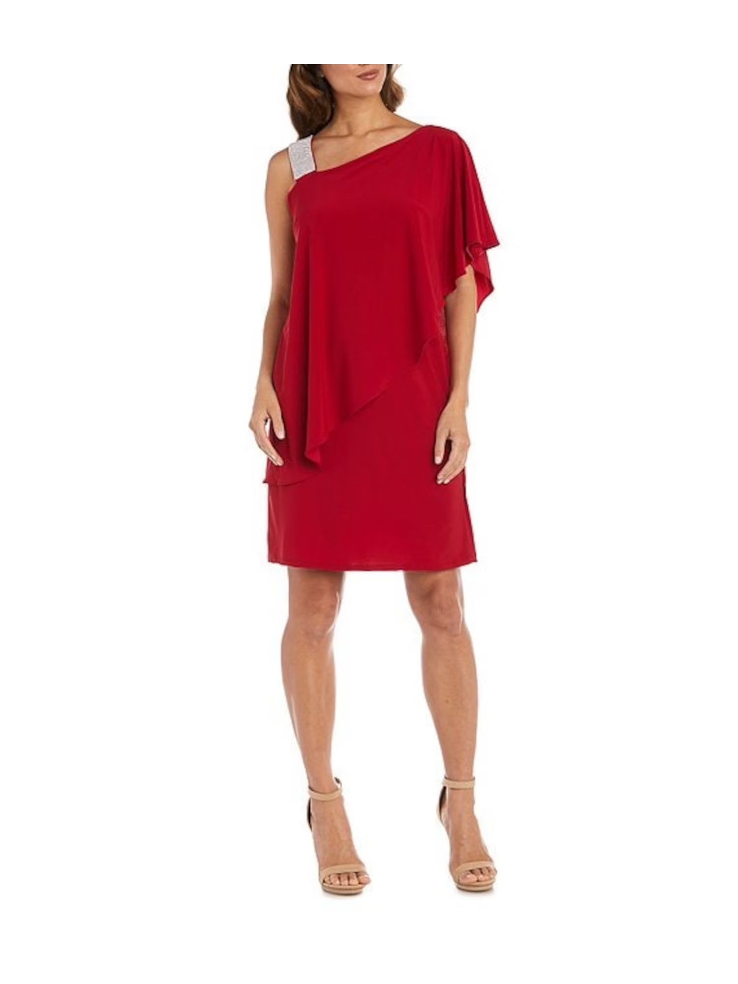 Red Embellished Ruffled Elbow Sleeve Shift Dress 14 R892