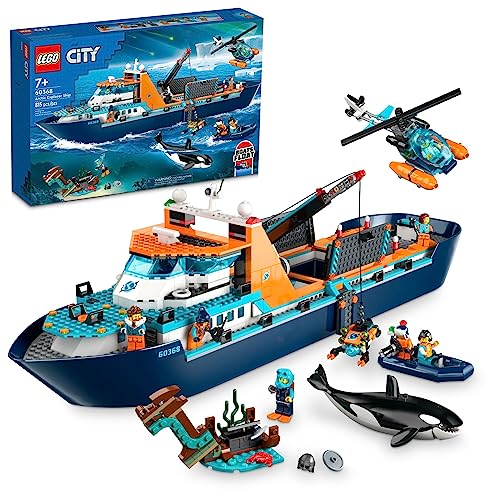 LEGO City Arctic Explorer Ship Building Toy Set with Floatable Boat, Helicopter, Dinghy, ROV Sub, Viking Shipwreck, 7 Minifigures and Orca X203208