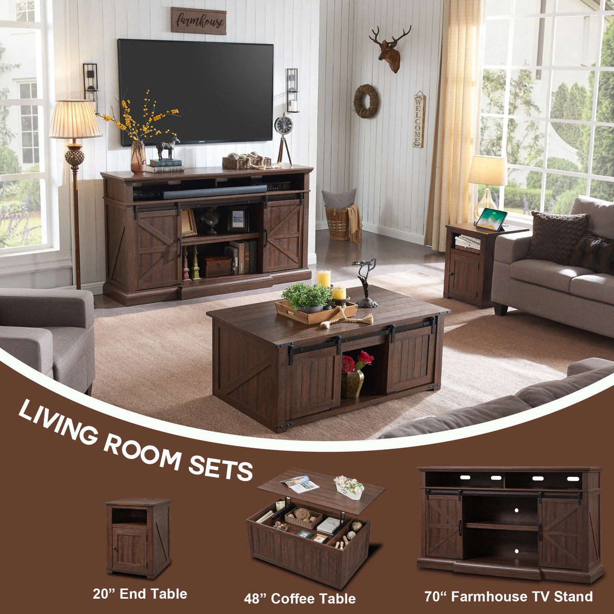 Brown Nightstand with Charging Station, Barn Door, Open Shelf K47091
