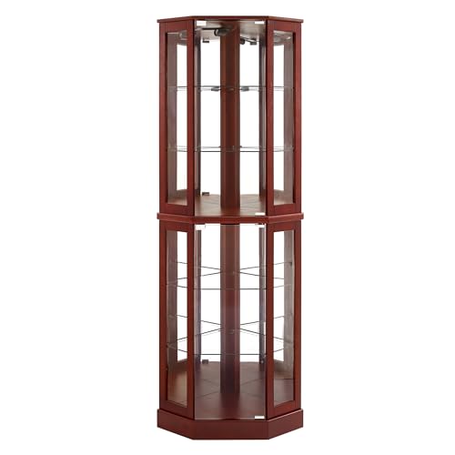 72" Tall Corner Display Cabinet Lighted Curio Cabinet, 6-Tier Wood Curio Showcase with Glass Doors and Adjustable Shelves (Cherry) E89053