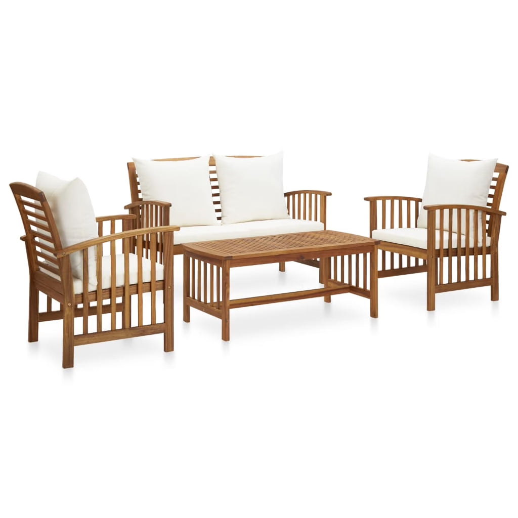 4 Piece Patio Lounge Set with Cream White Cushions Acacia Wood Outdoor Sectional Sofa Set B484
