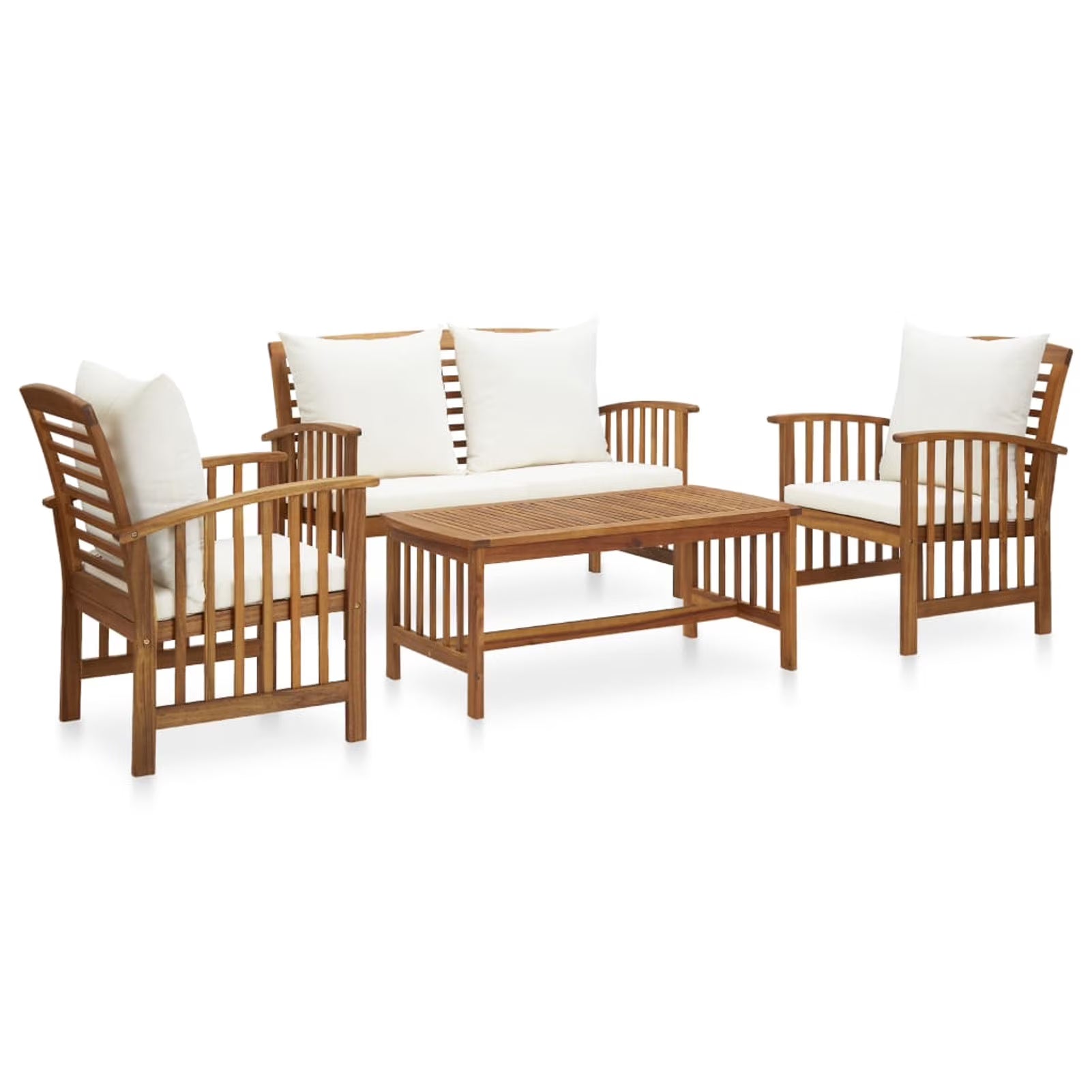 4 Piece Patio Lounge Set with Cream White Cushions Acacia Wood Outdoor Sectional Sofa Set B484