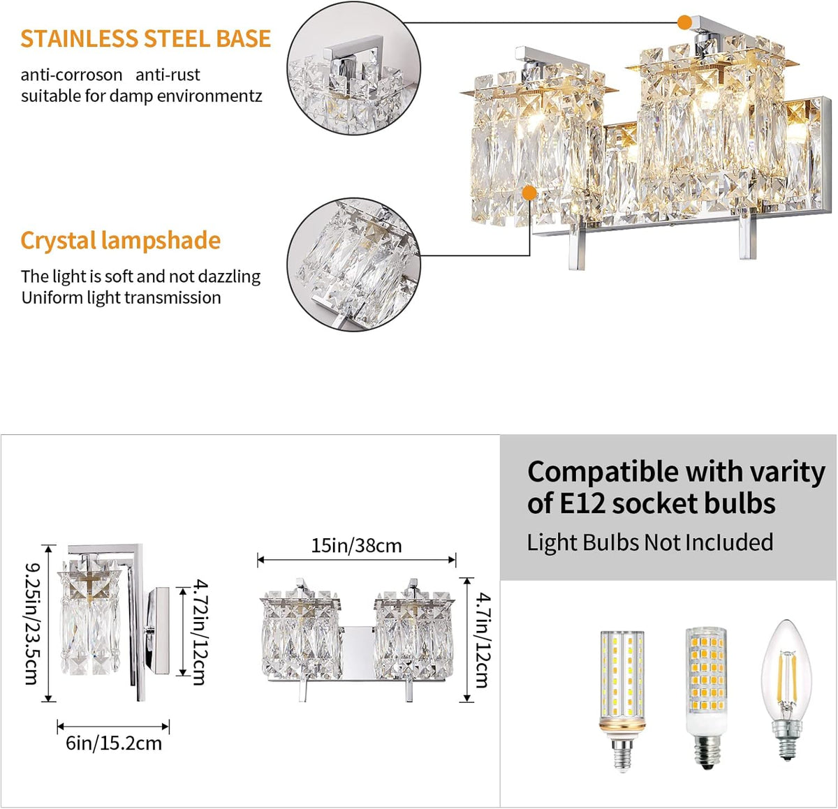Crystal Wall Lamp, Chrome, E12 Base x2 M724163
