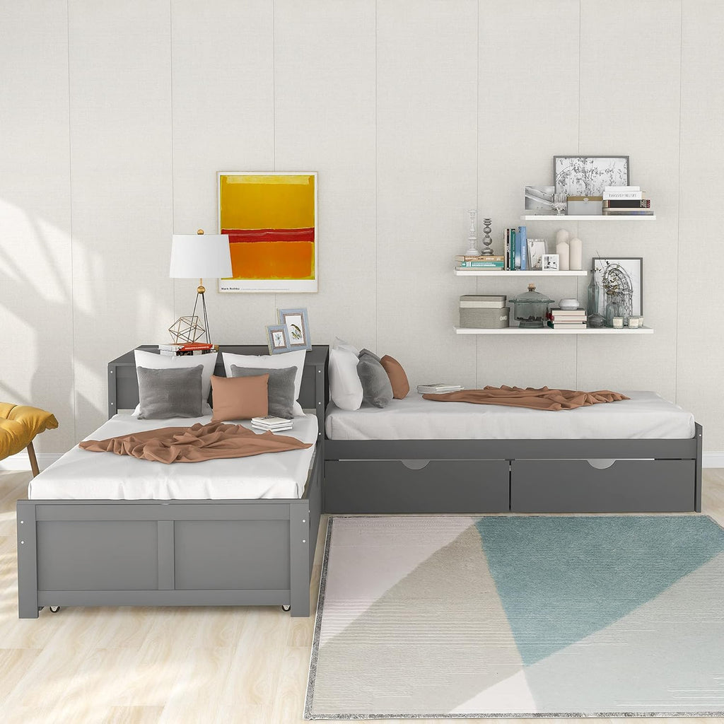 Twin L-Shaped Platform Bed with Trundle, 2 Storage Drawers, and Built-in Square Desk W107