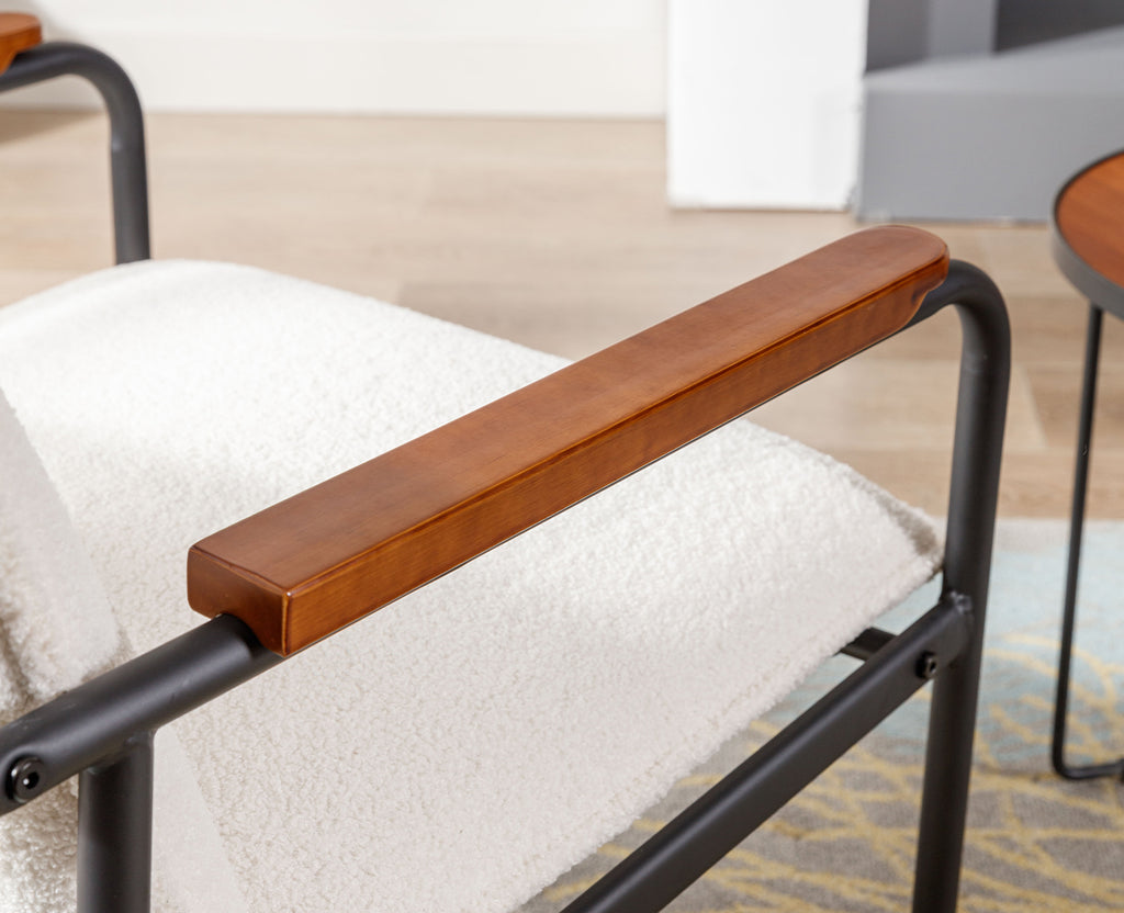 White Sherpa Armchair with Wooden Armrests and Metal Legs Z623