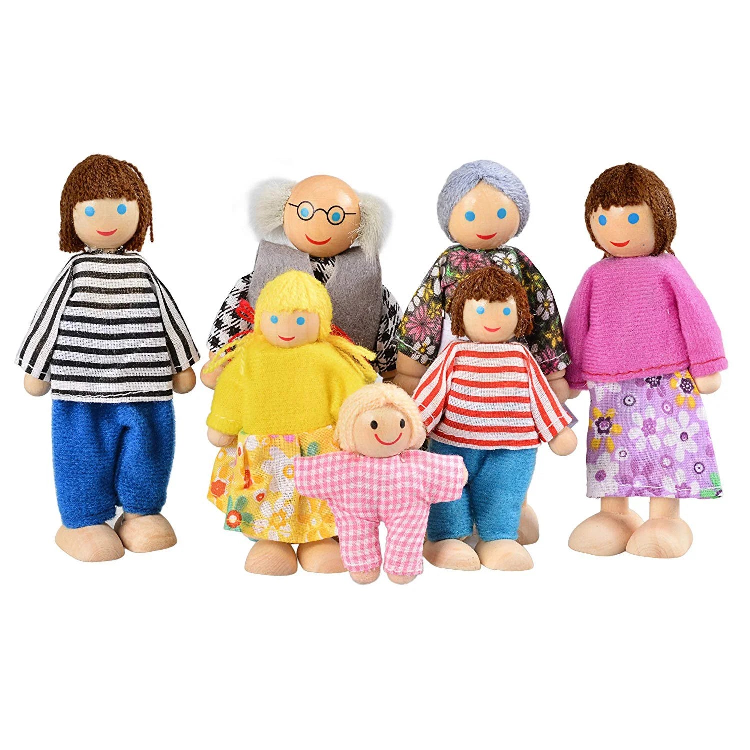 Wooden Dolls Playset Set of 7 People with Dog Y976